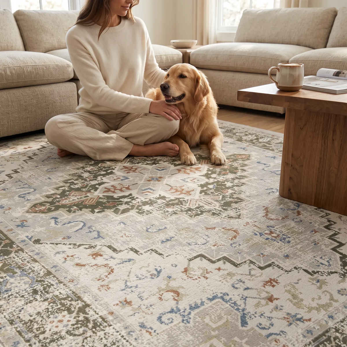 Una donna con un maglione e pantaloni color crema è seduta a gambe incrociate su un grande tappeto in stile vintage, con accanto un golden retriever, in un luminoso soggiorno. Il tappeto presenta un motivo tradizionale dall’aspetto vissuto nei toni del beige, del blu, del verde e del ruggine.