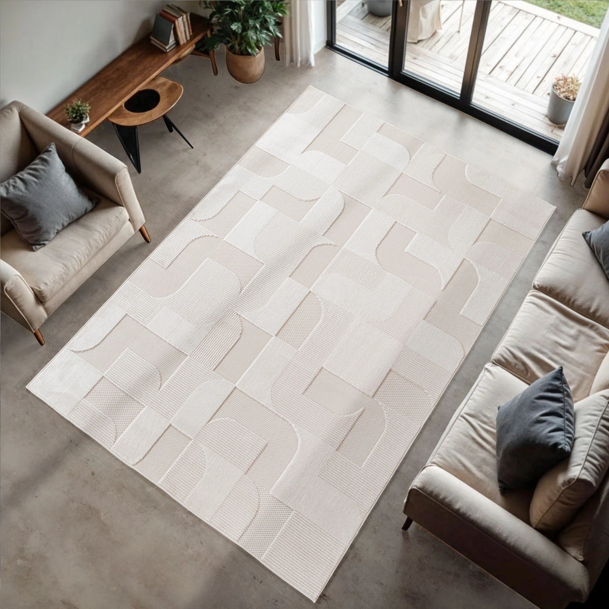 Contemporary Modular Cube Pattern Rug | Cream