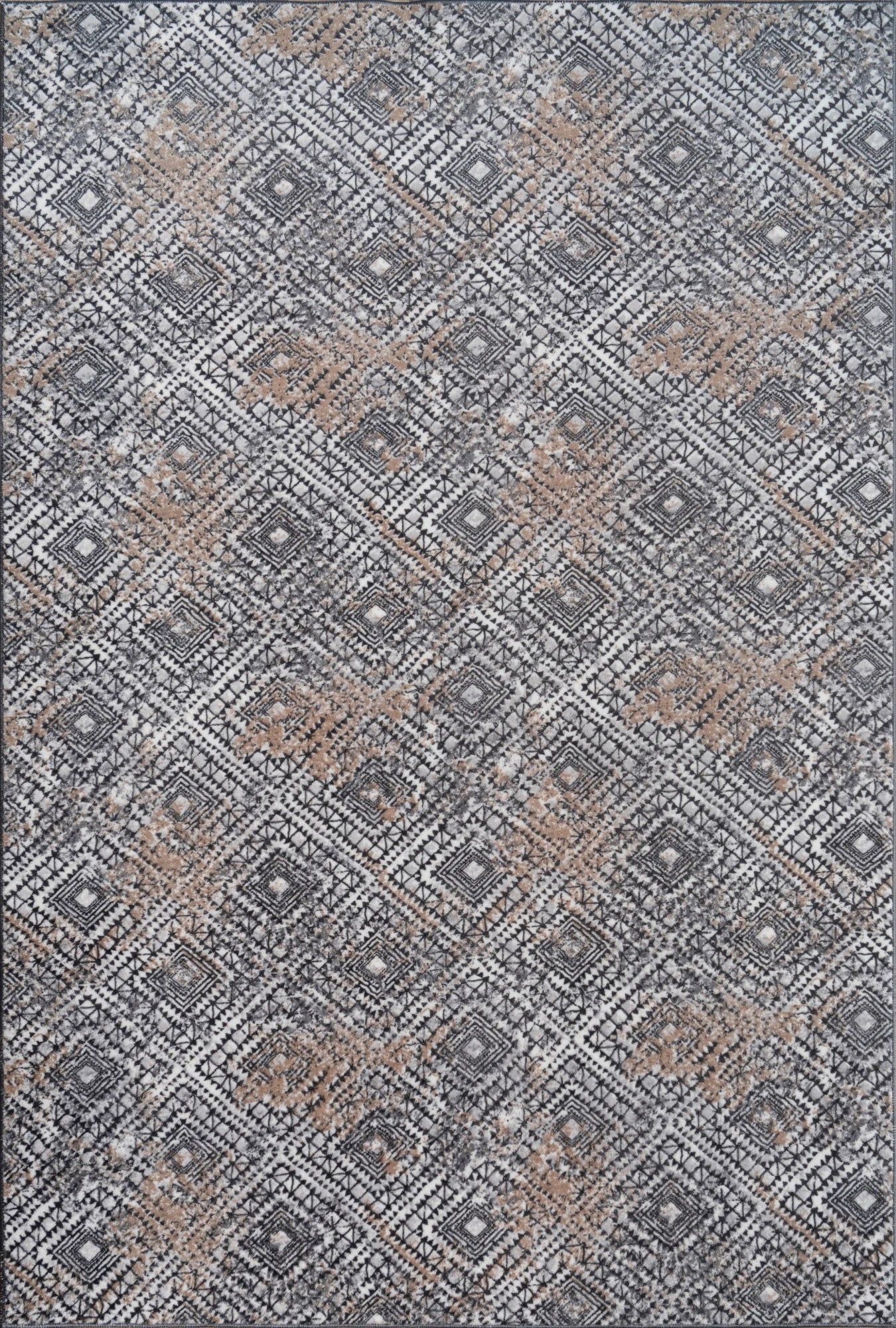 Geometric Gray Rug with Distressed Details