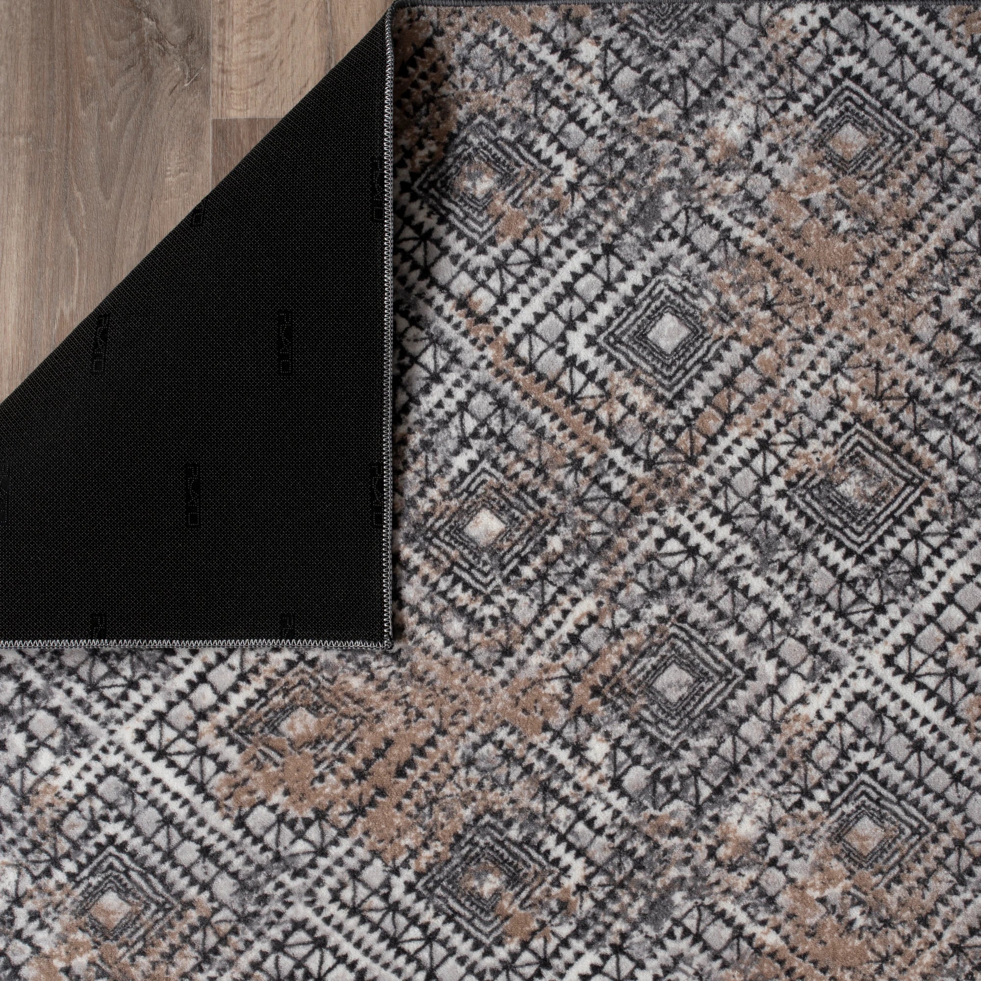 Geometric Gray Rug with Distressed Details