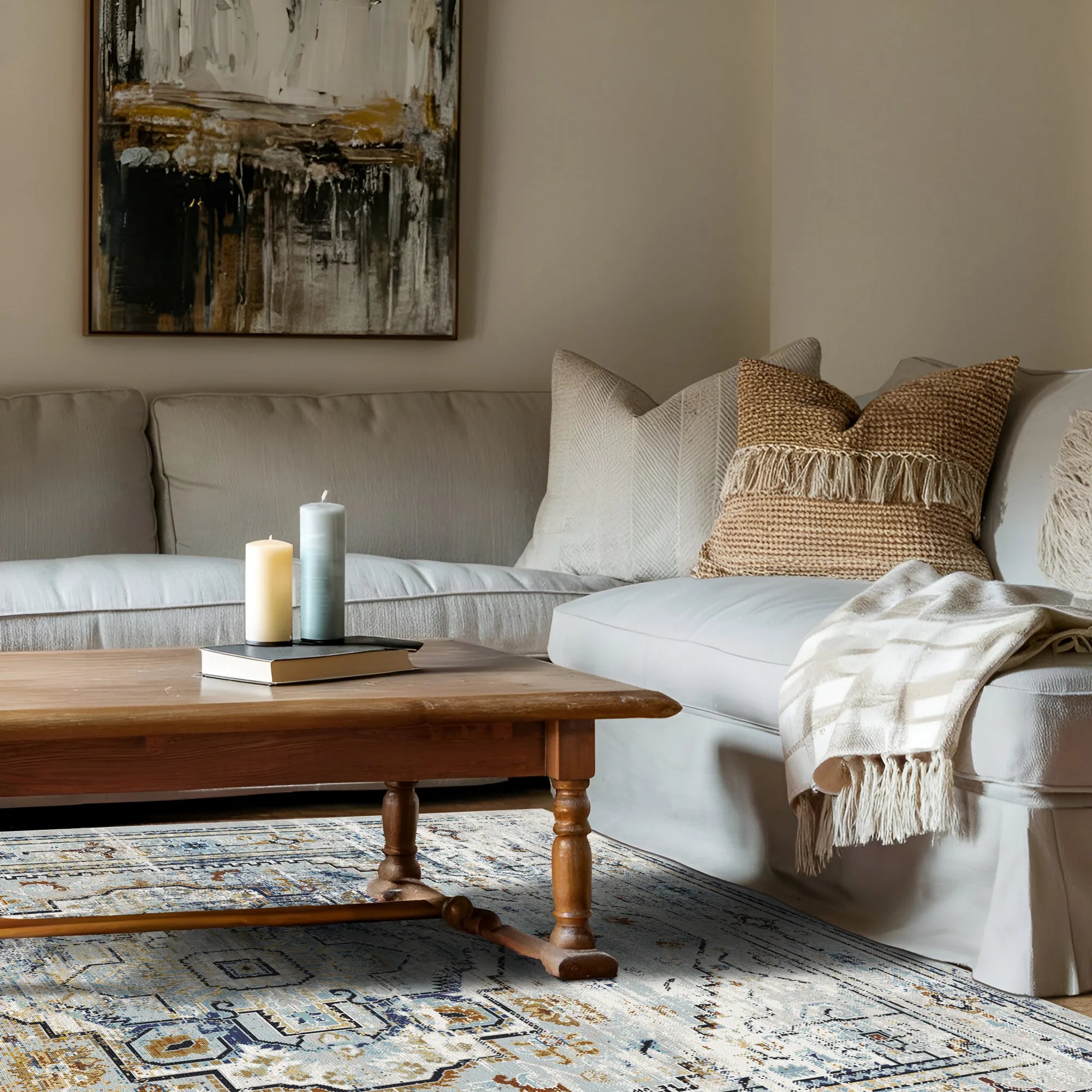 Weathered Blue Geometric Medallion Rug