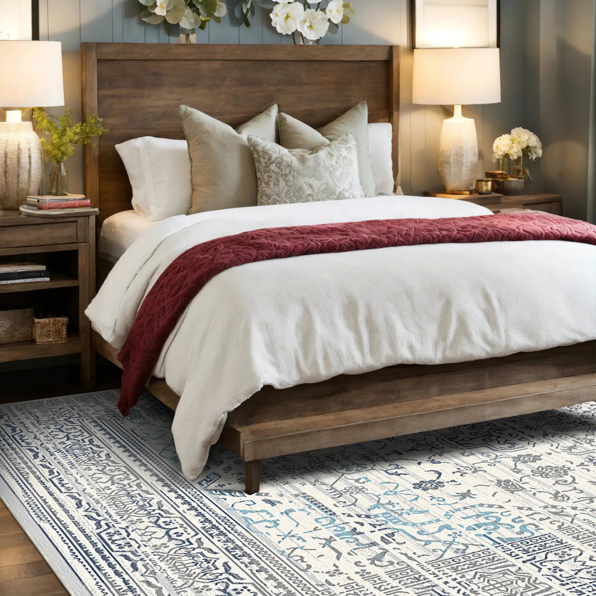 Olympus Sky Floral Washable Rug