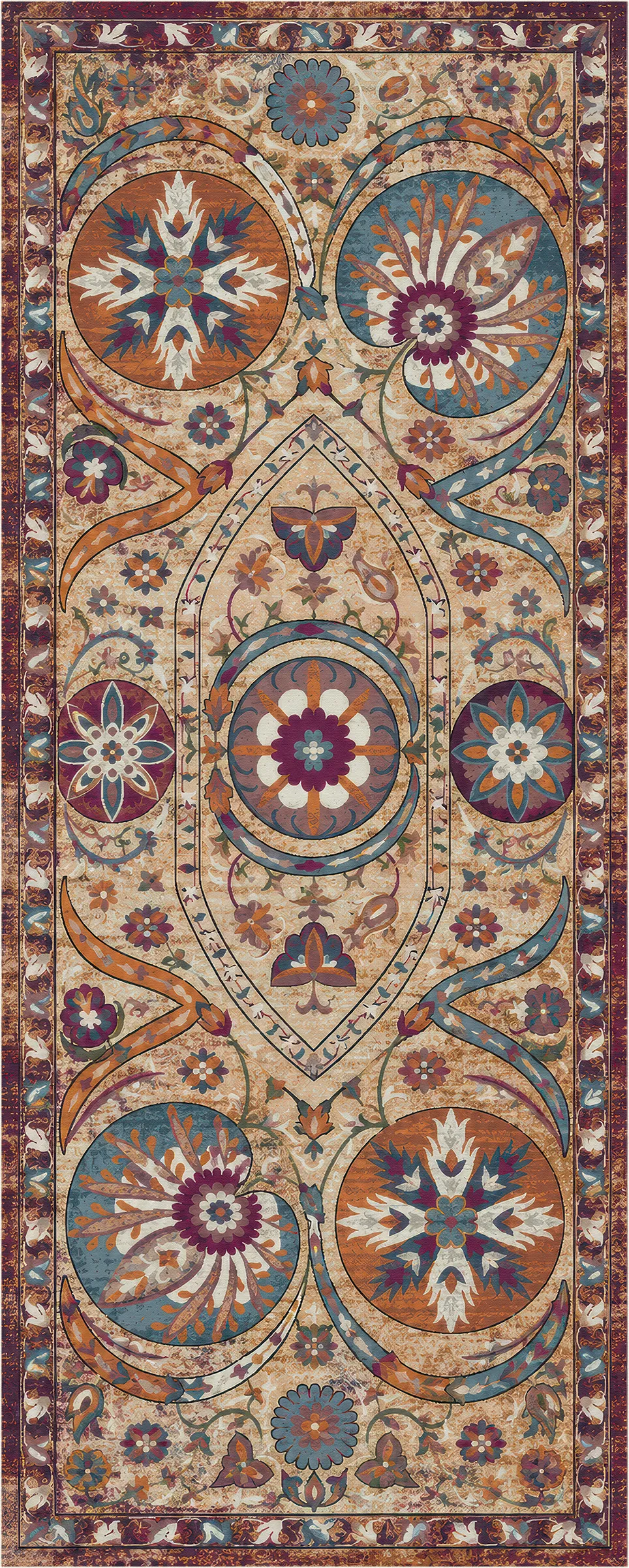 Un tappeto rettangolare con un elaborato motivo tradizionale a medaglione nei colori beige, arancione ruggine, blu petrolio e viola intenso, mostrato disteso su uno sfondo bianco.