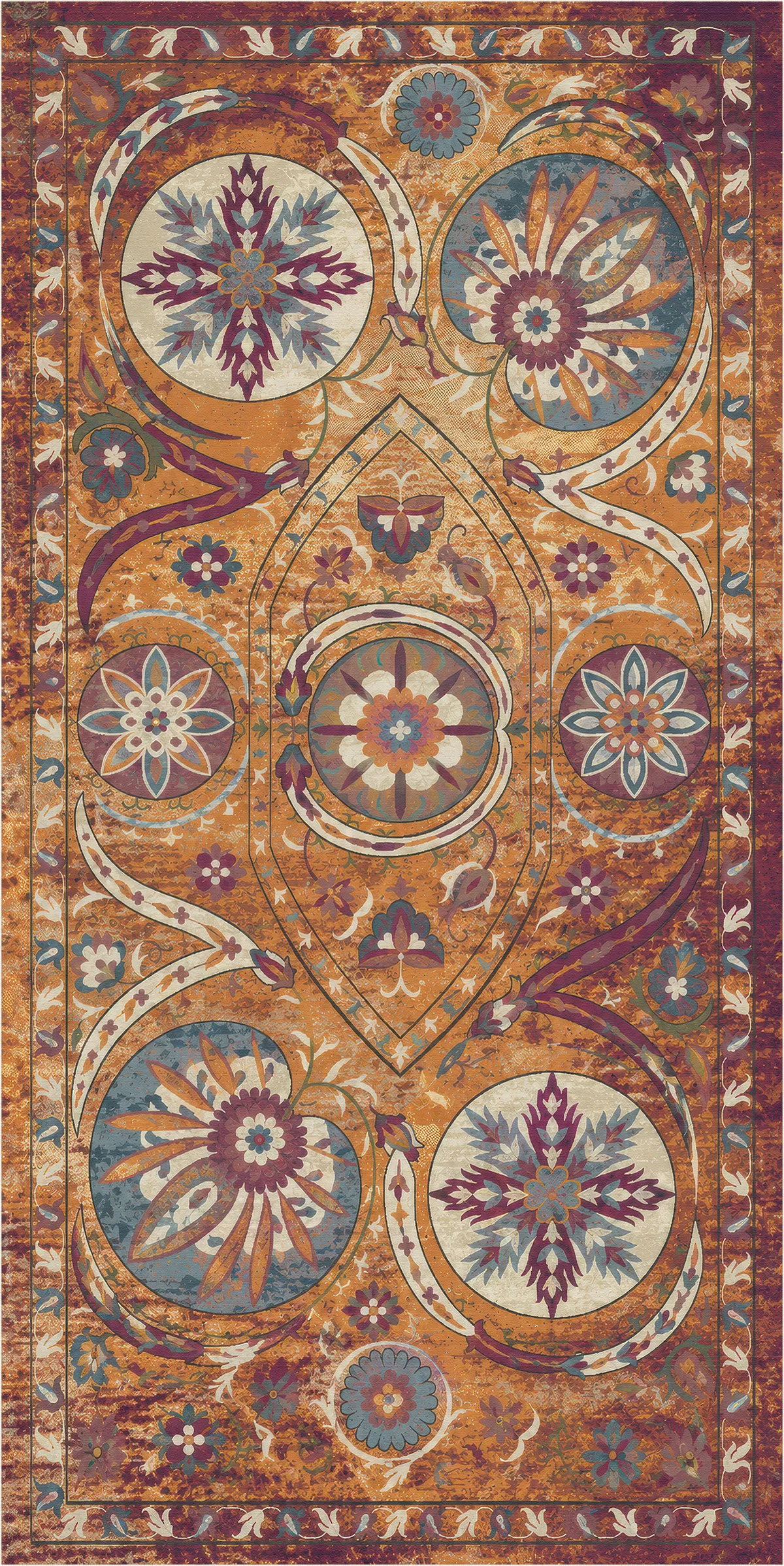 An area rug featuring a complex, distressed bohemian medallion pattern in rust orange, teal blue, cream, and burgundy.