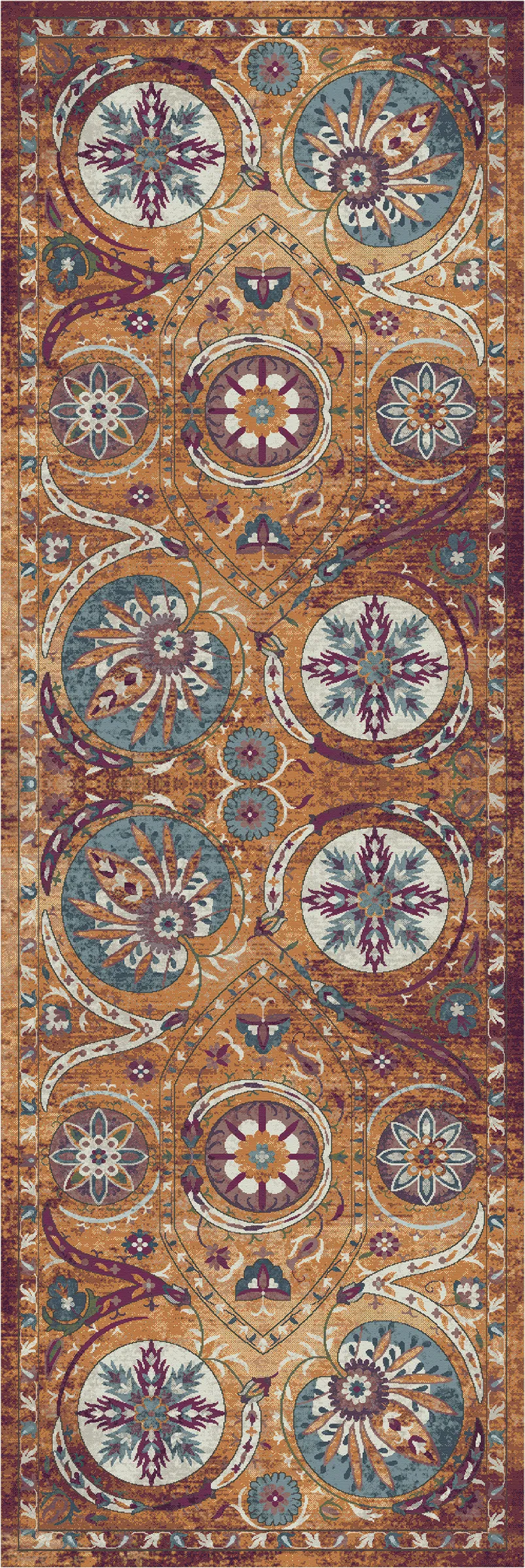 An ornate rectangular area rug with a complex medallion and floral pattern in warm brown, beige, teal, and burgundy tones.