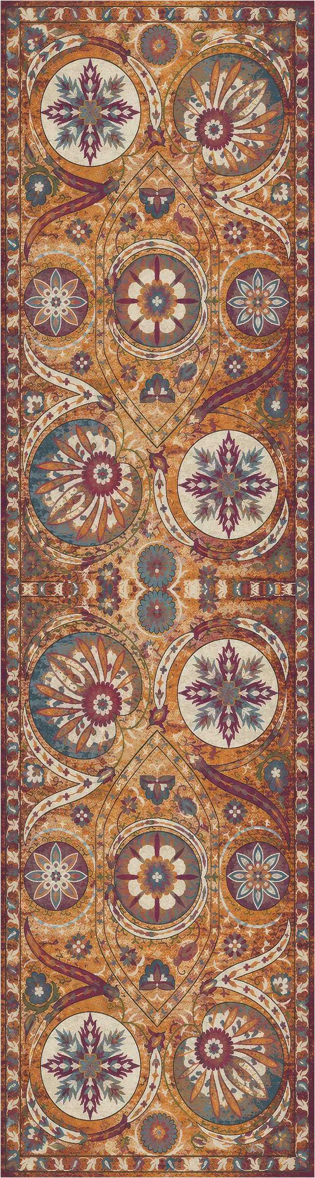 An ornate rectangular area rug with a repeating medallion and floral pattern in warm orange, brown, cream, teal, and burgundy tones.