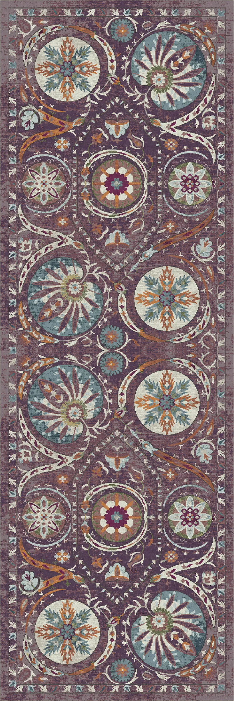 A long rectangular area rug with an ornate medallion and floral pattern in muted purple, teal, beige, rust, and cream tones.
