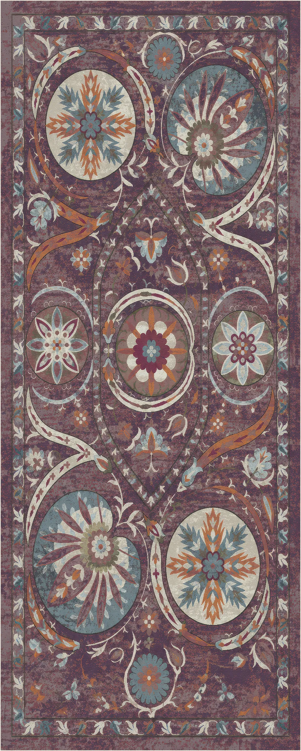An ornate rectangular area rug with a vintage botanical pattern in muted earthy tones, featuring circular medallions and scrolling floral motifs on a dark mauve-brown background.