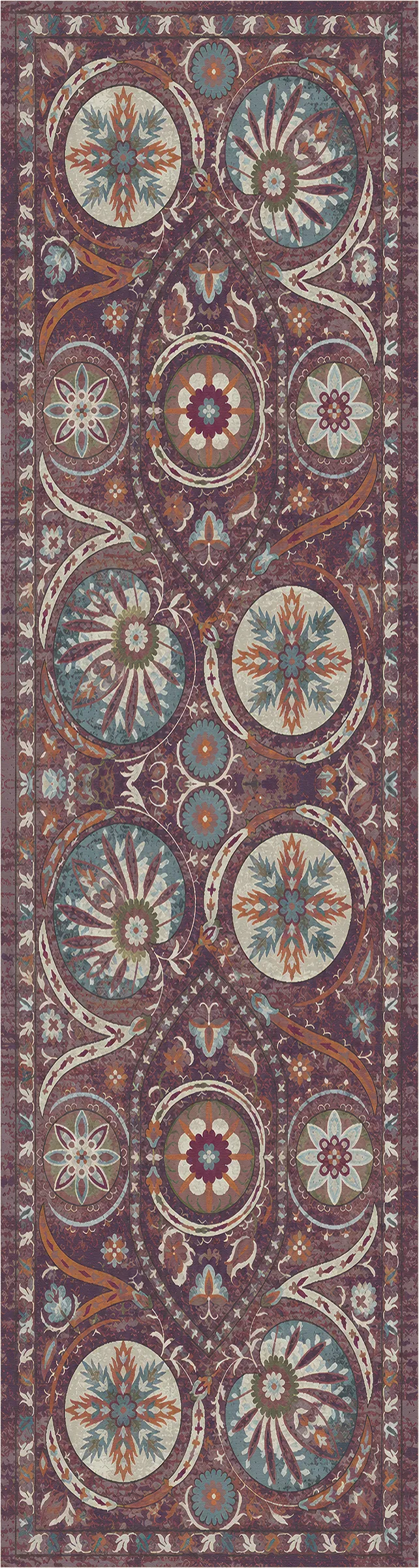 A long rectangular area rug with an ornate symmetrical medallion and floral pattern in muted teal, rust, beige, and brown tones on a dark reddish-brown field.