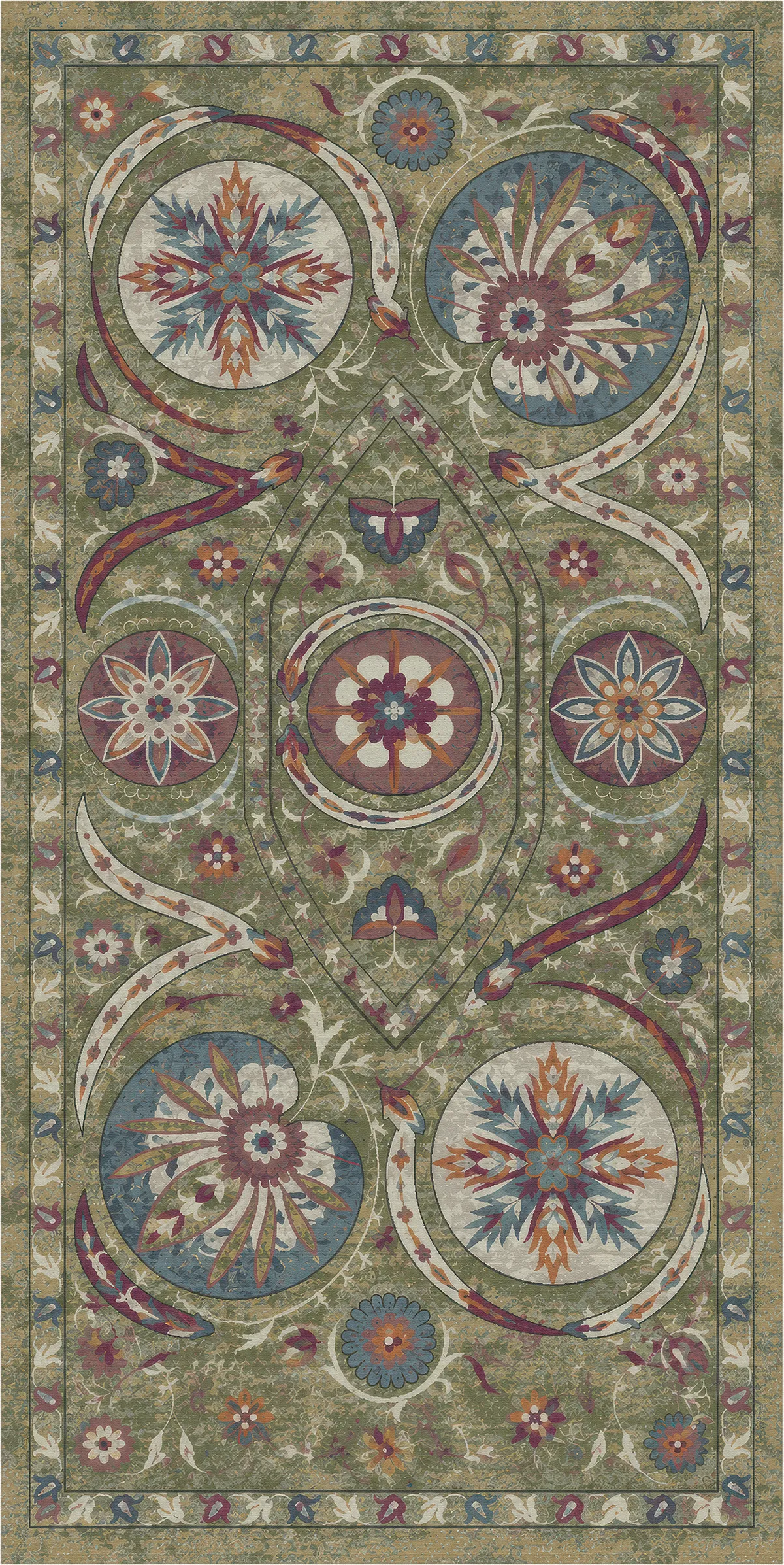 An area rug with a distressed, vintage-inspired botanical pattern in muted olive green, blue, rust red, and cream.