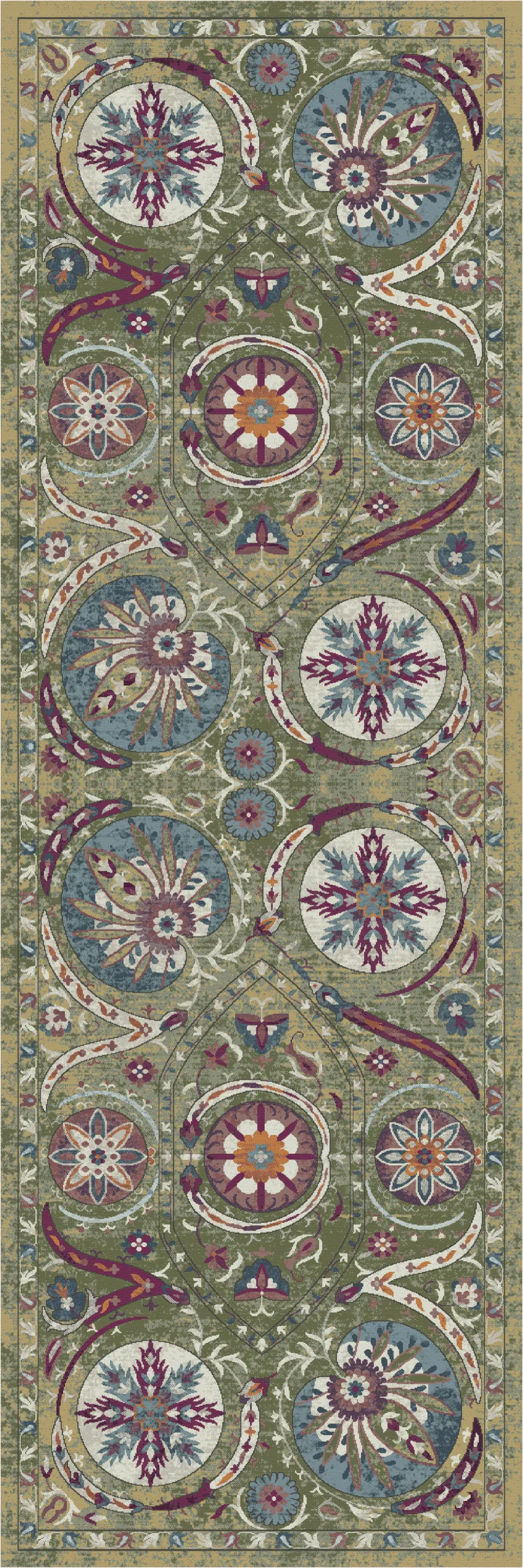 An ornate rectangular area rug with a detailed medallion and floral pattern in olive green, blue, purple, beige, and white.