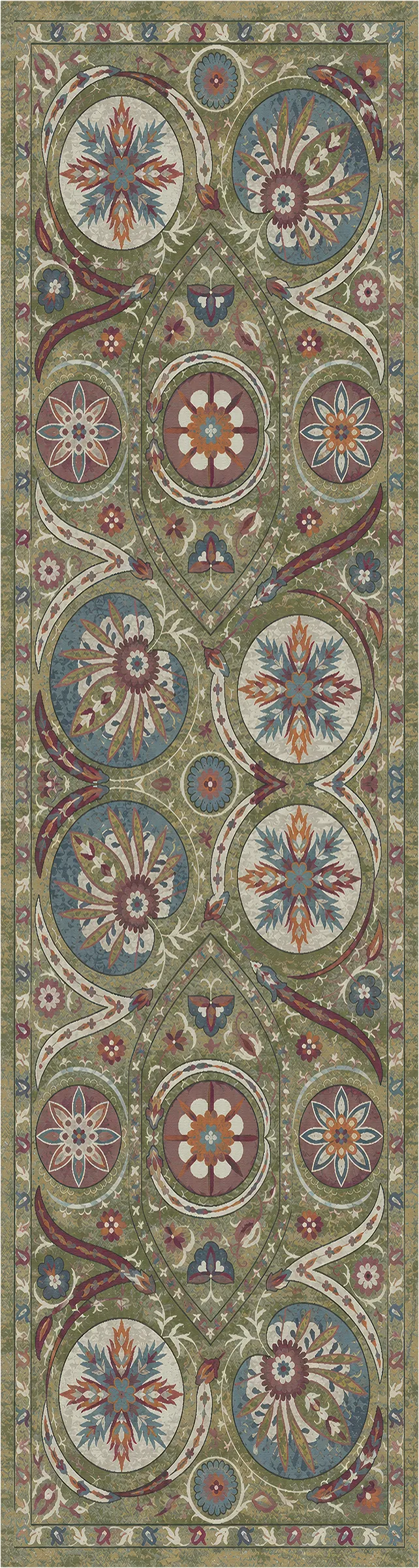 A long rectangular area rug with an ornate repeating medallion and floral pattern in muted green, beige, blue, red, and cream tones.