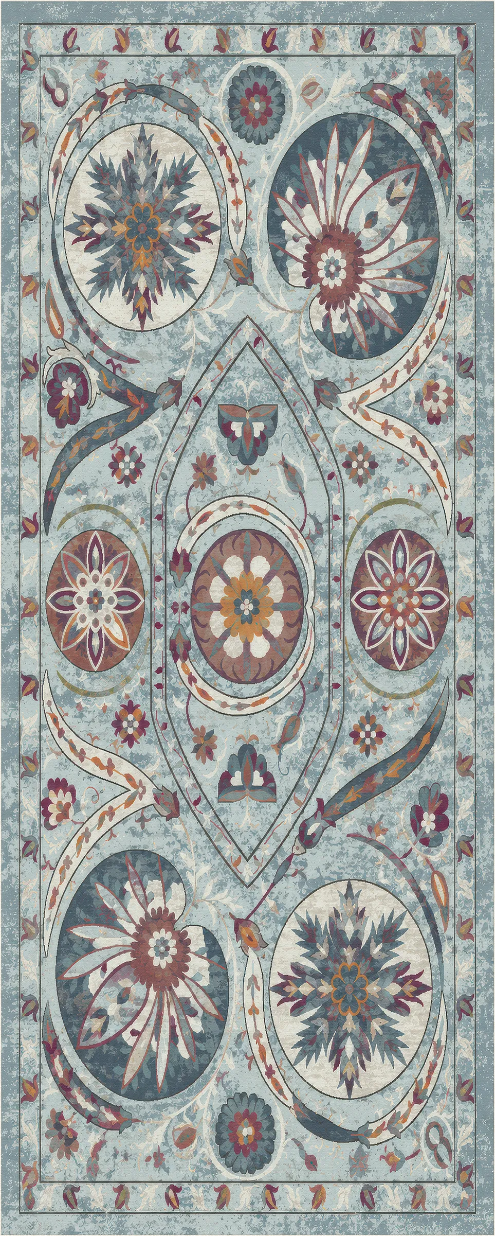 A square area rug with a distressed, vintage-inspired botanical pattern in muted shades of blue, beige, rust red, and brown.