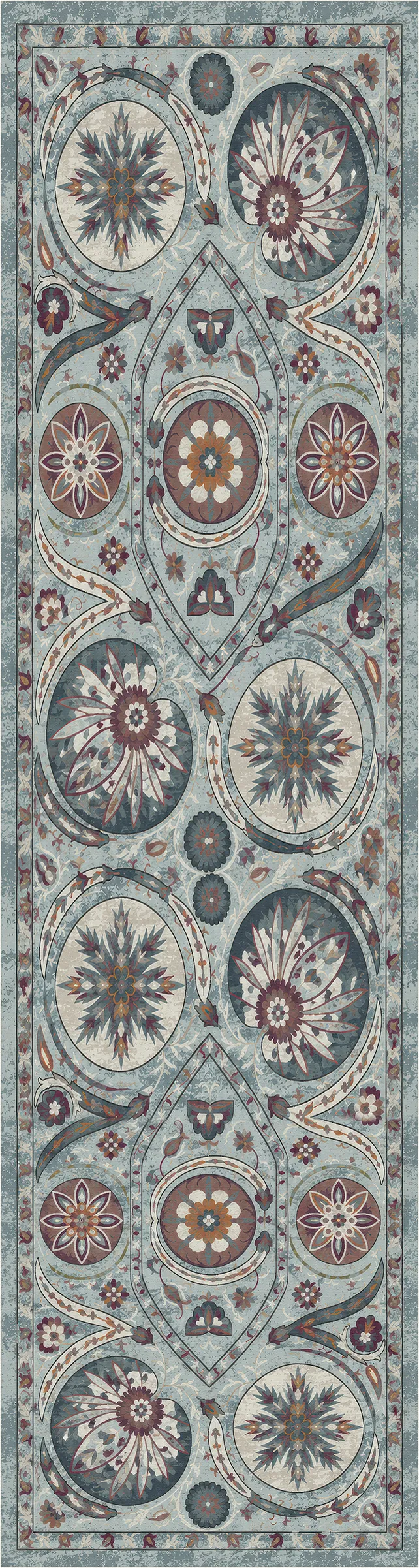 A long rectangular area rug with an intricate traditional medallion pattern in muted blue, beige, rust red, and brown tones.