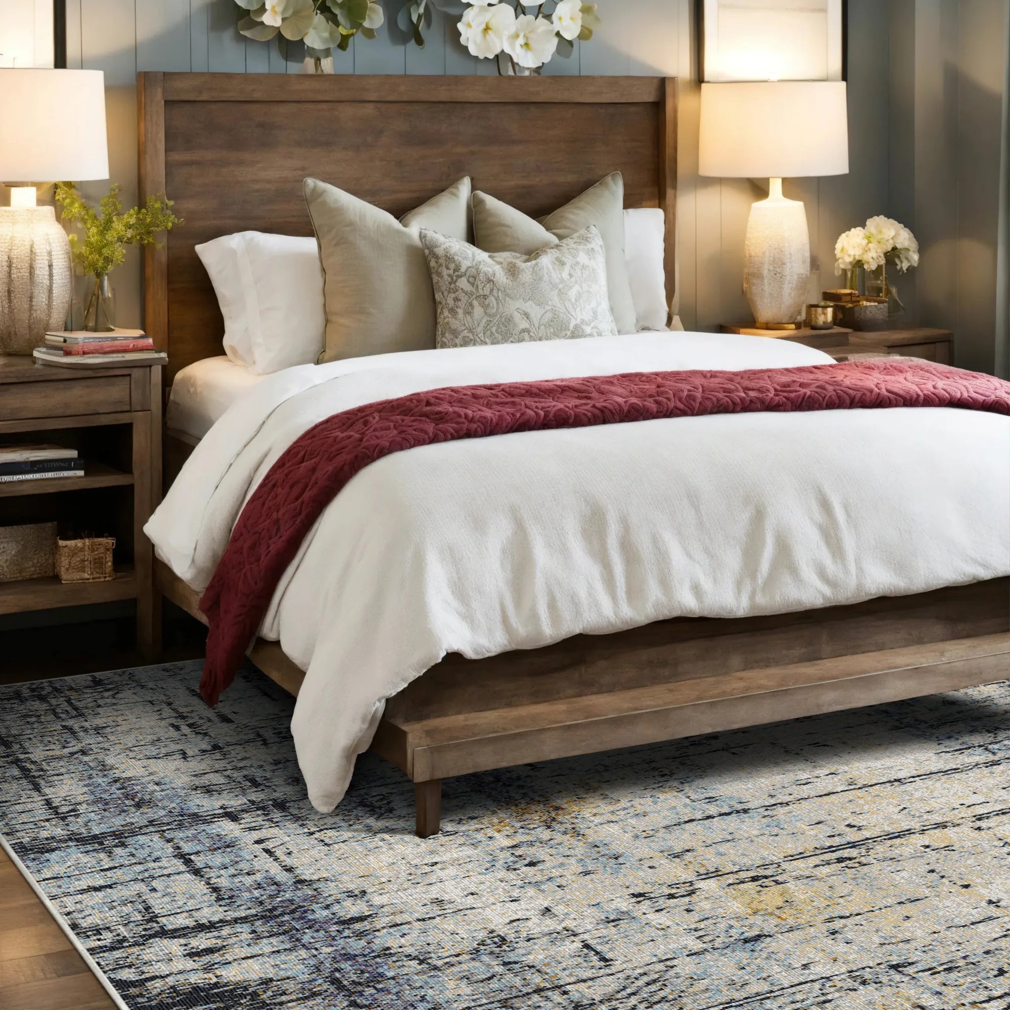 Vintage Blue Floral Trellis Rug