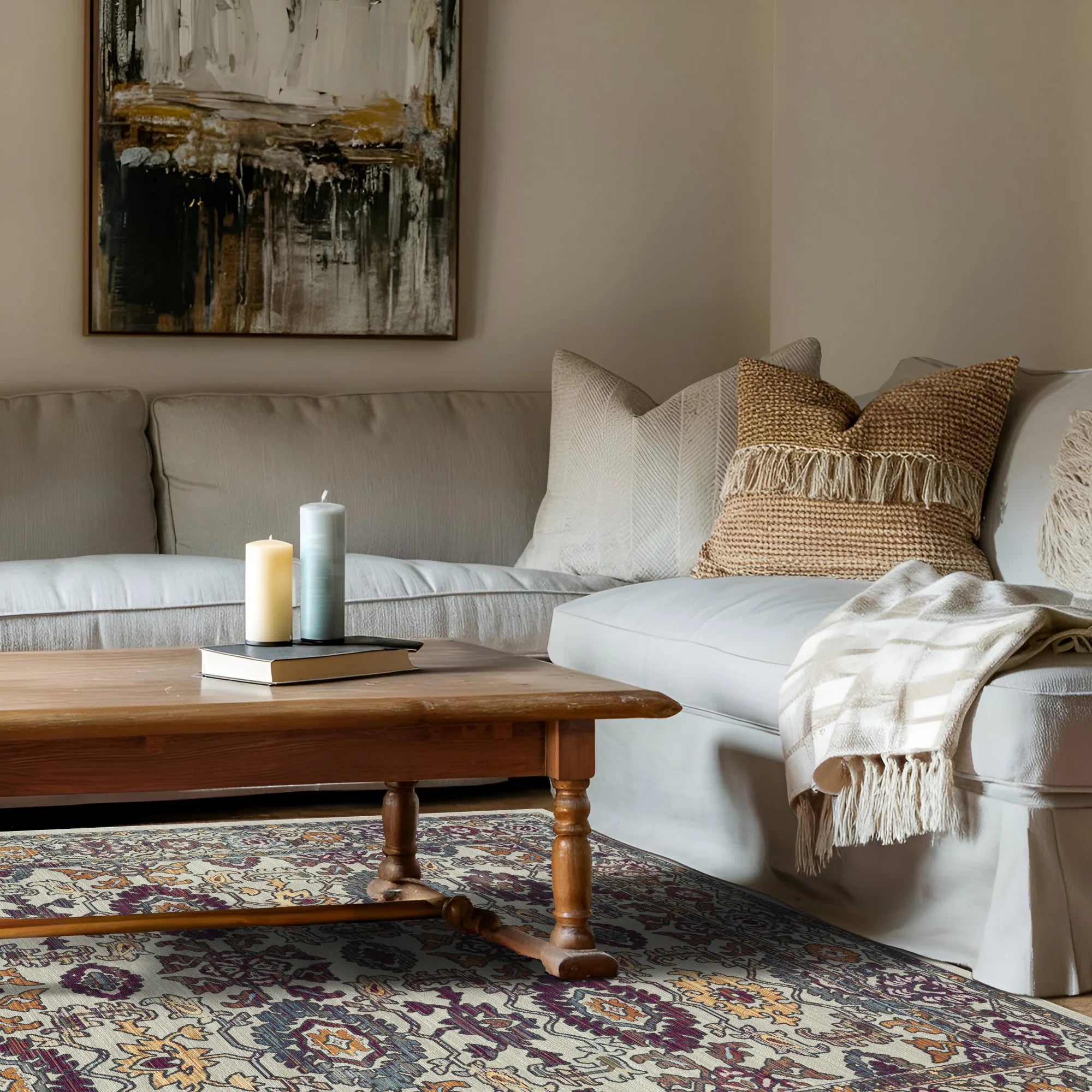 Antique Bone Palmette Floral Rug