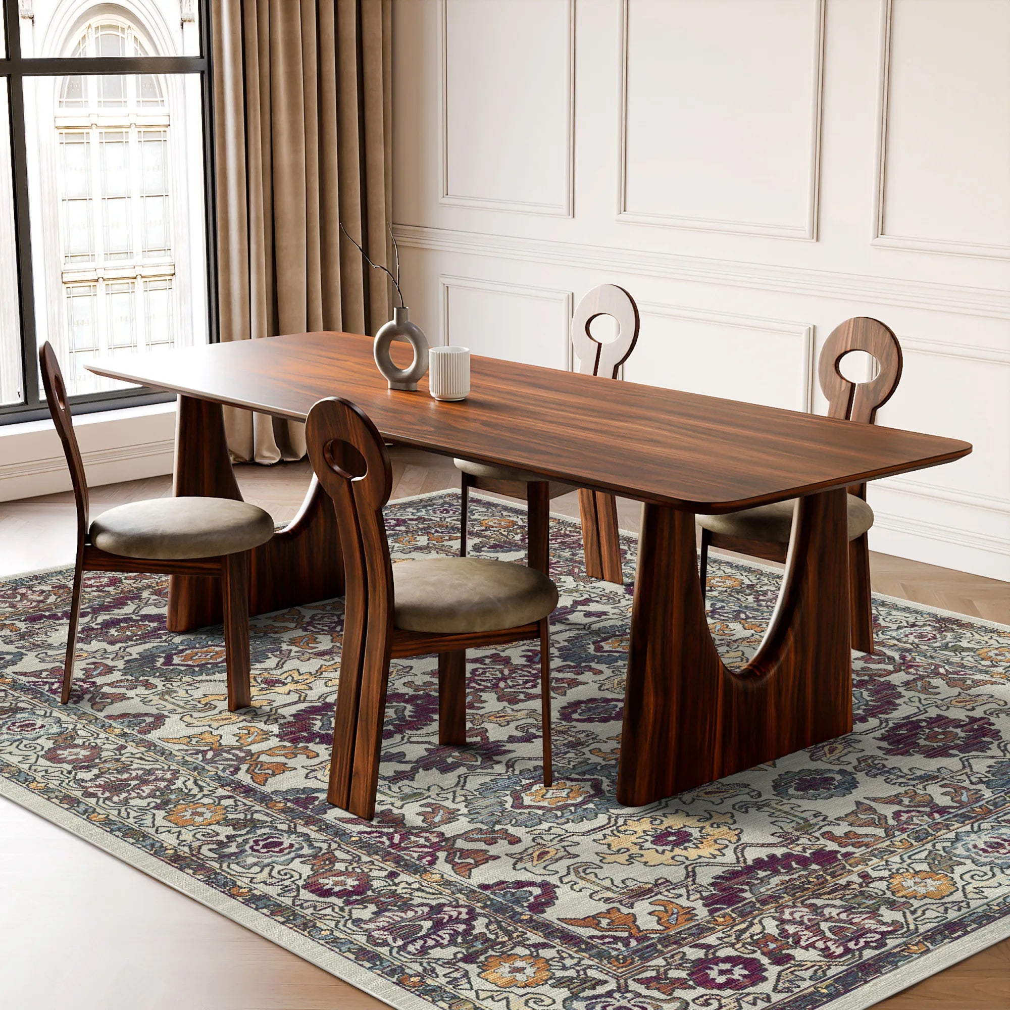 Antique Bone Palmette Floral Rug