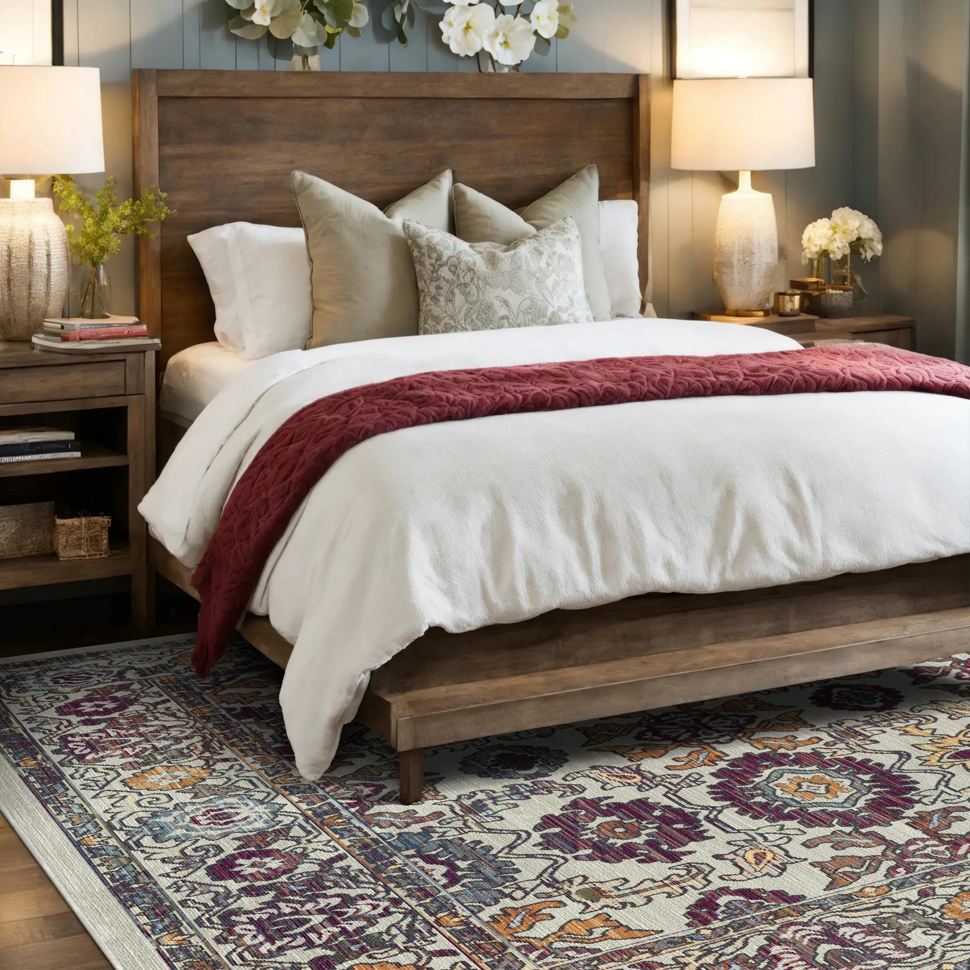 Antique Bone Palmette Floral Rug