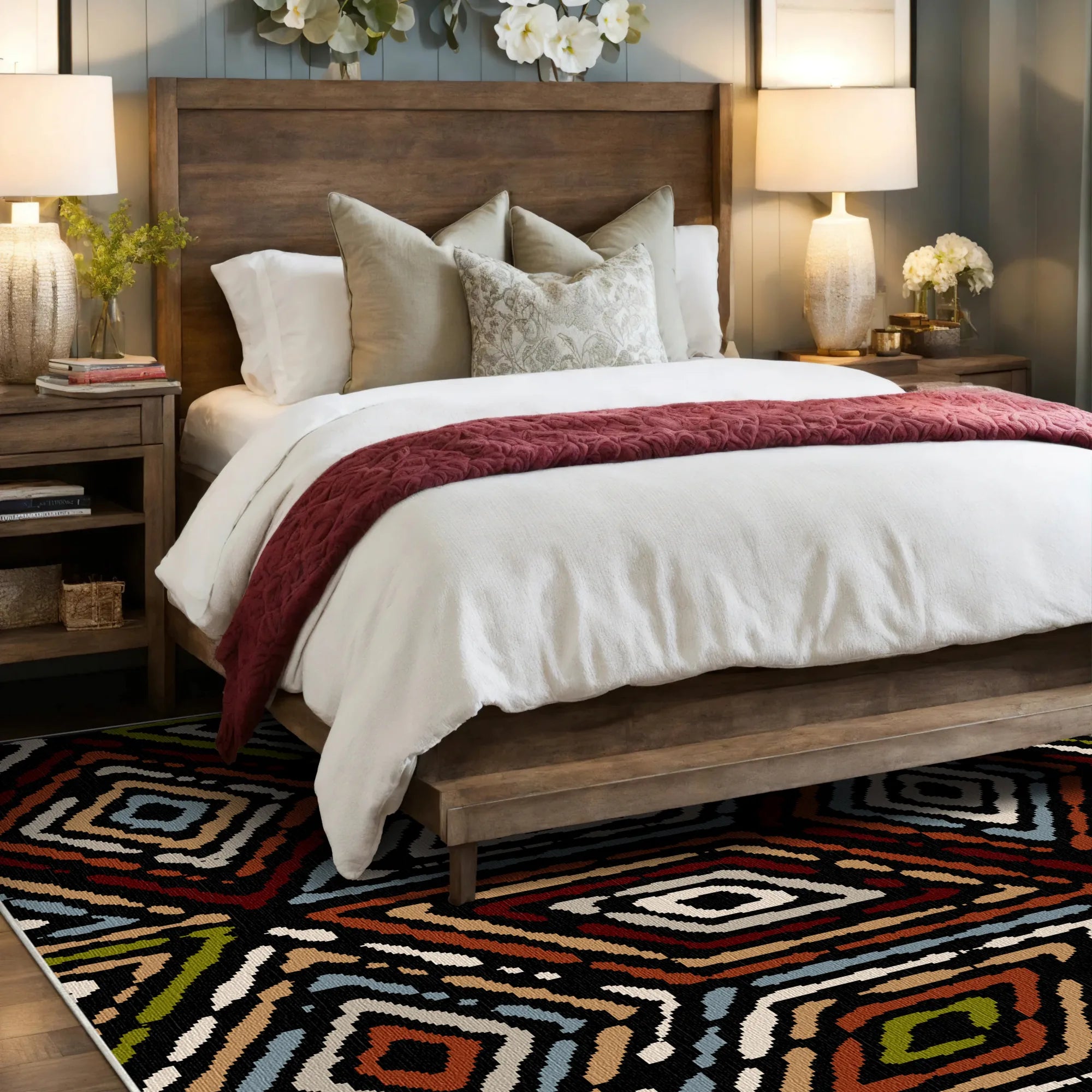 Bold Red Black Tribal Diamond Rug