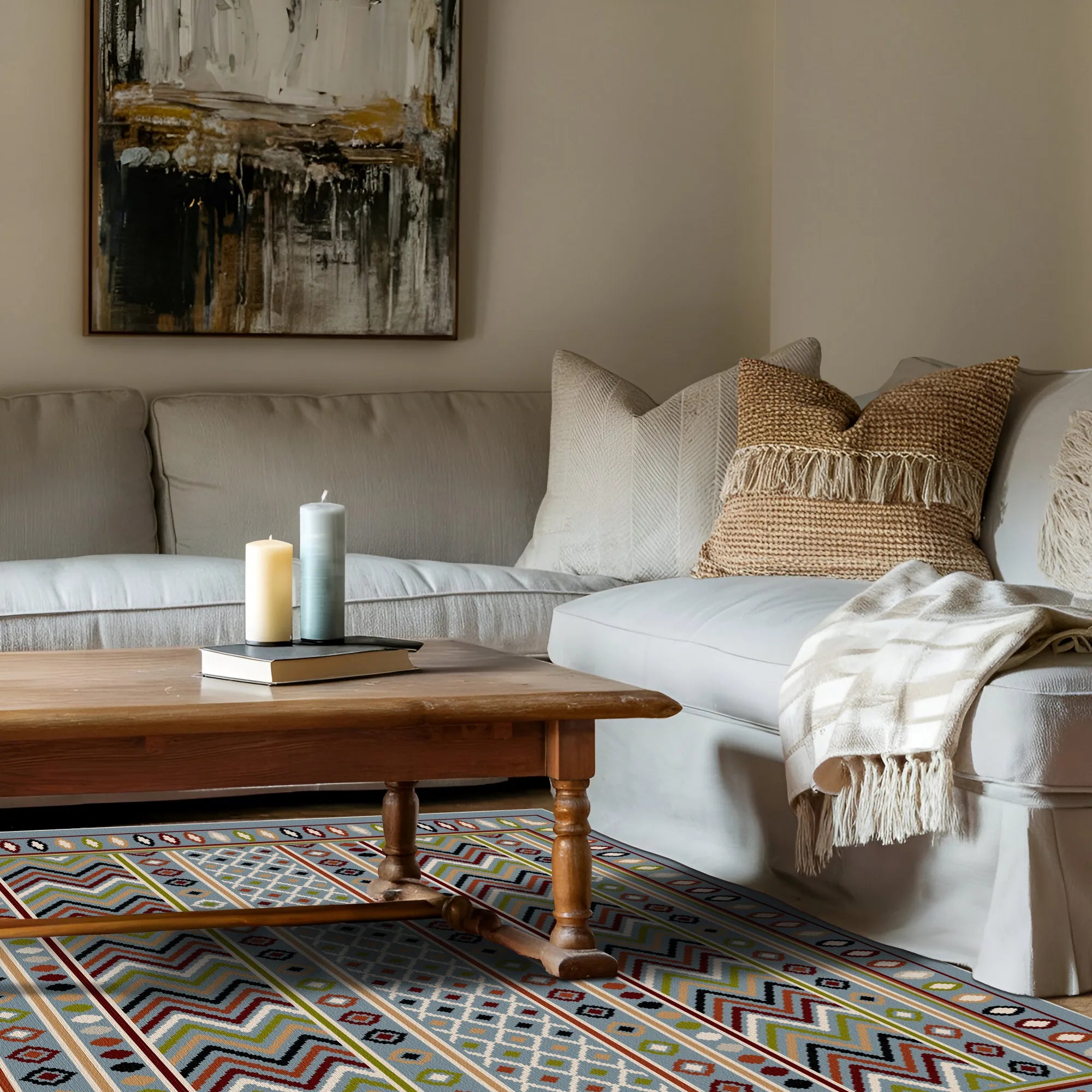 Azure Trail Geometric Washable Rug