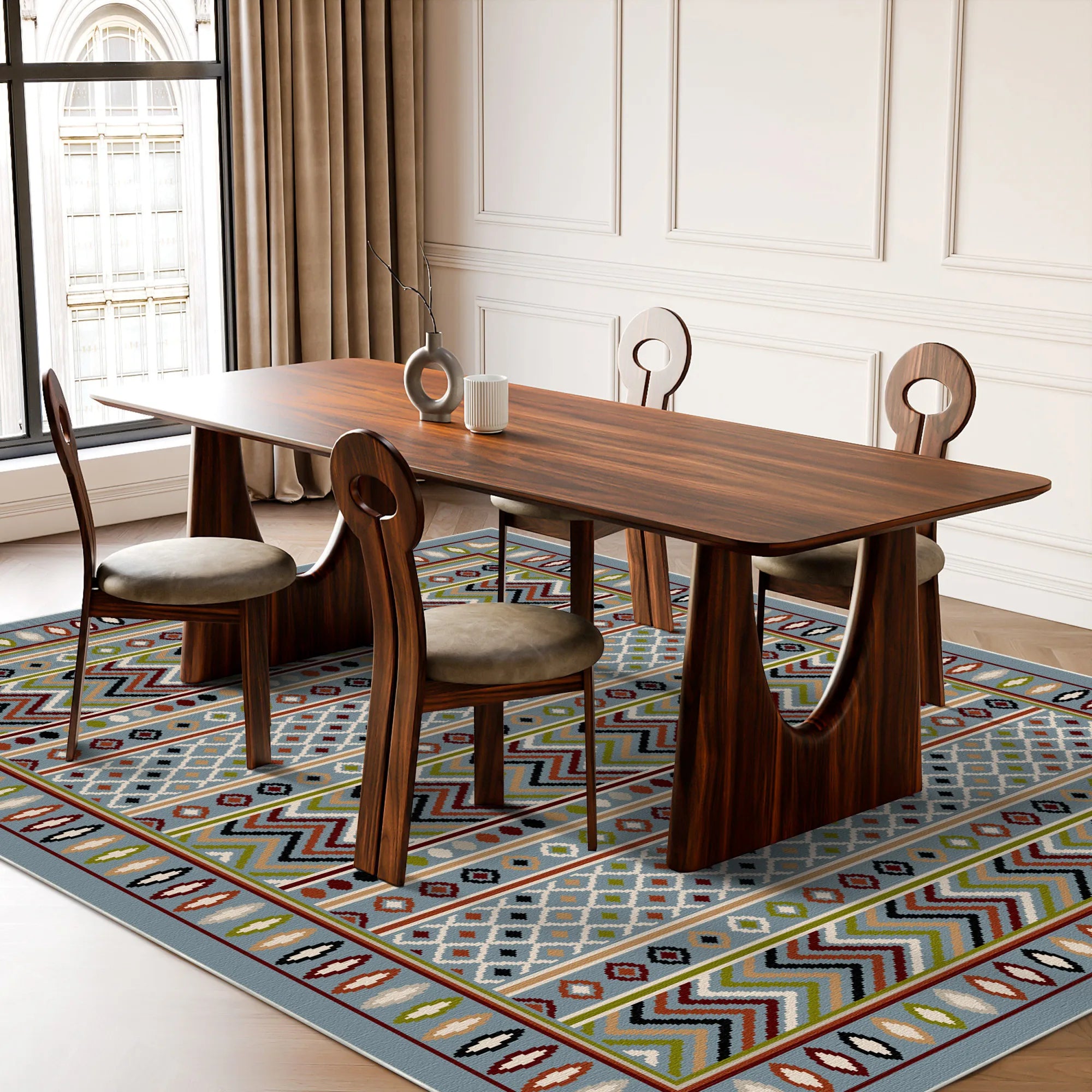 Azure Trail Geometric Washable Rug