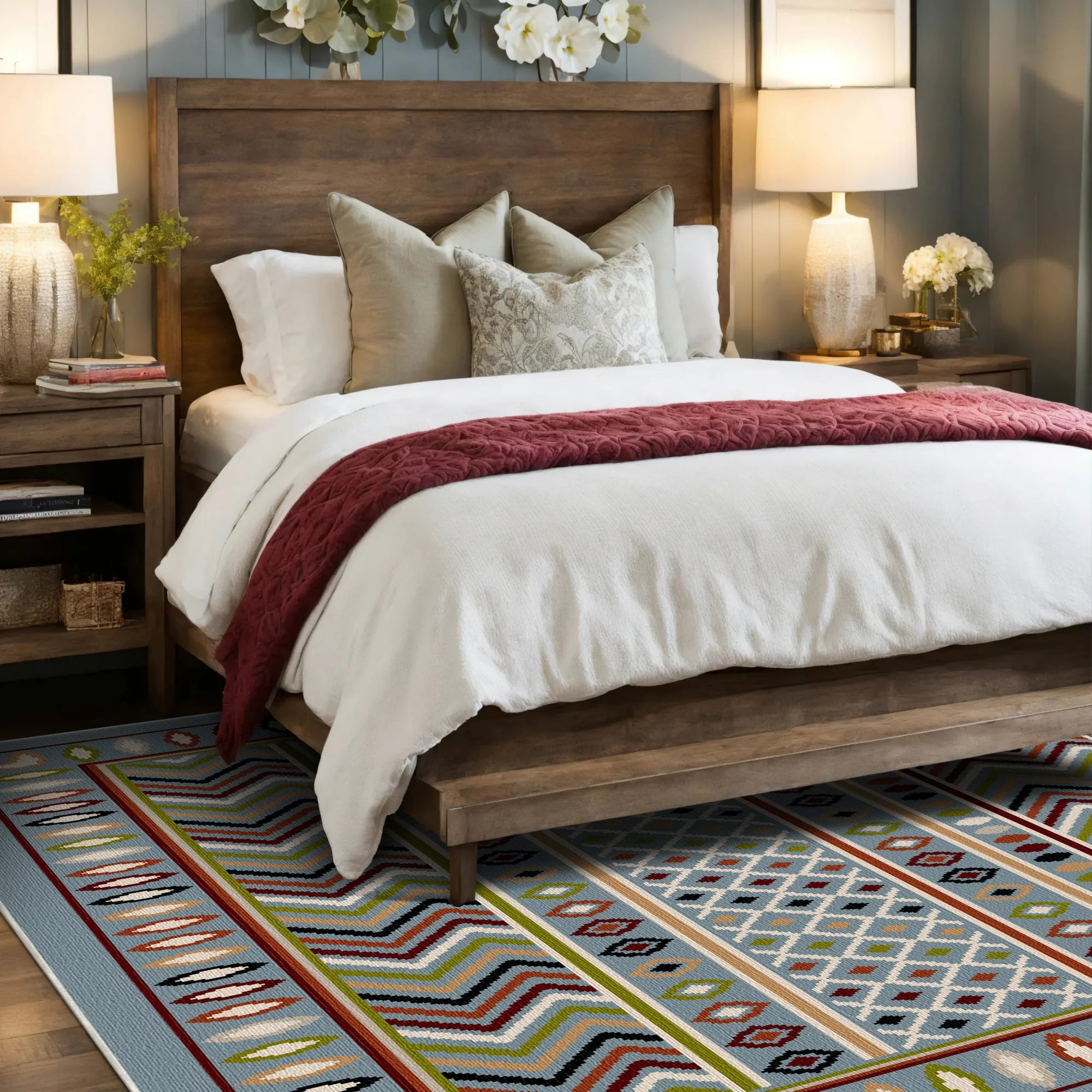 Azure Trail Geometric Washable Rug