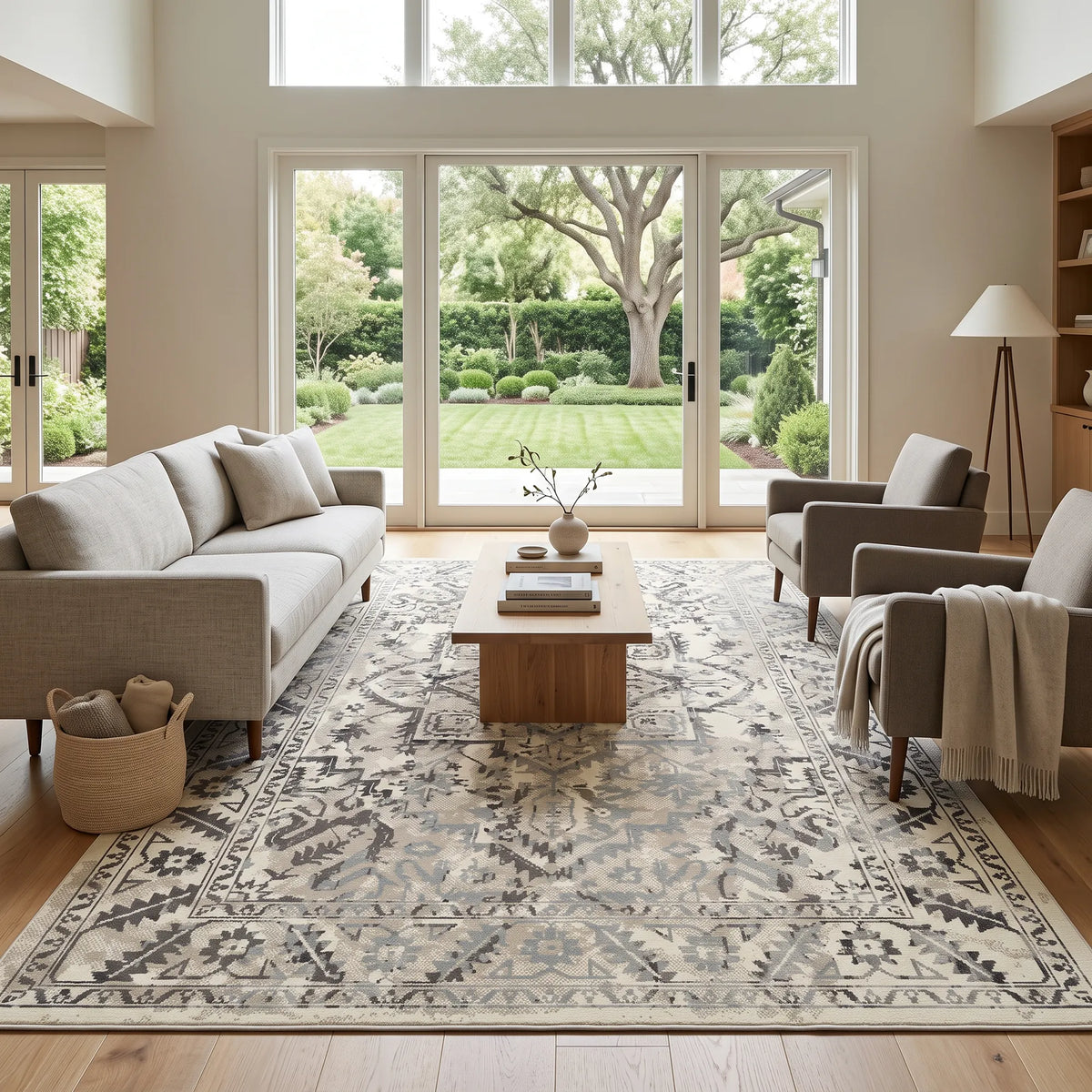 Un grande tappeto in stile tradizionale nei toni del beige, del grigio e del bianco sporco è inserito in un soggiorno moderno e luminoso, con un divano grigio chiaro, due poltrone, un tavolino da caffè in legno e grandi finestre che si affacciano su un giardino verde.