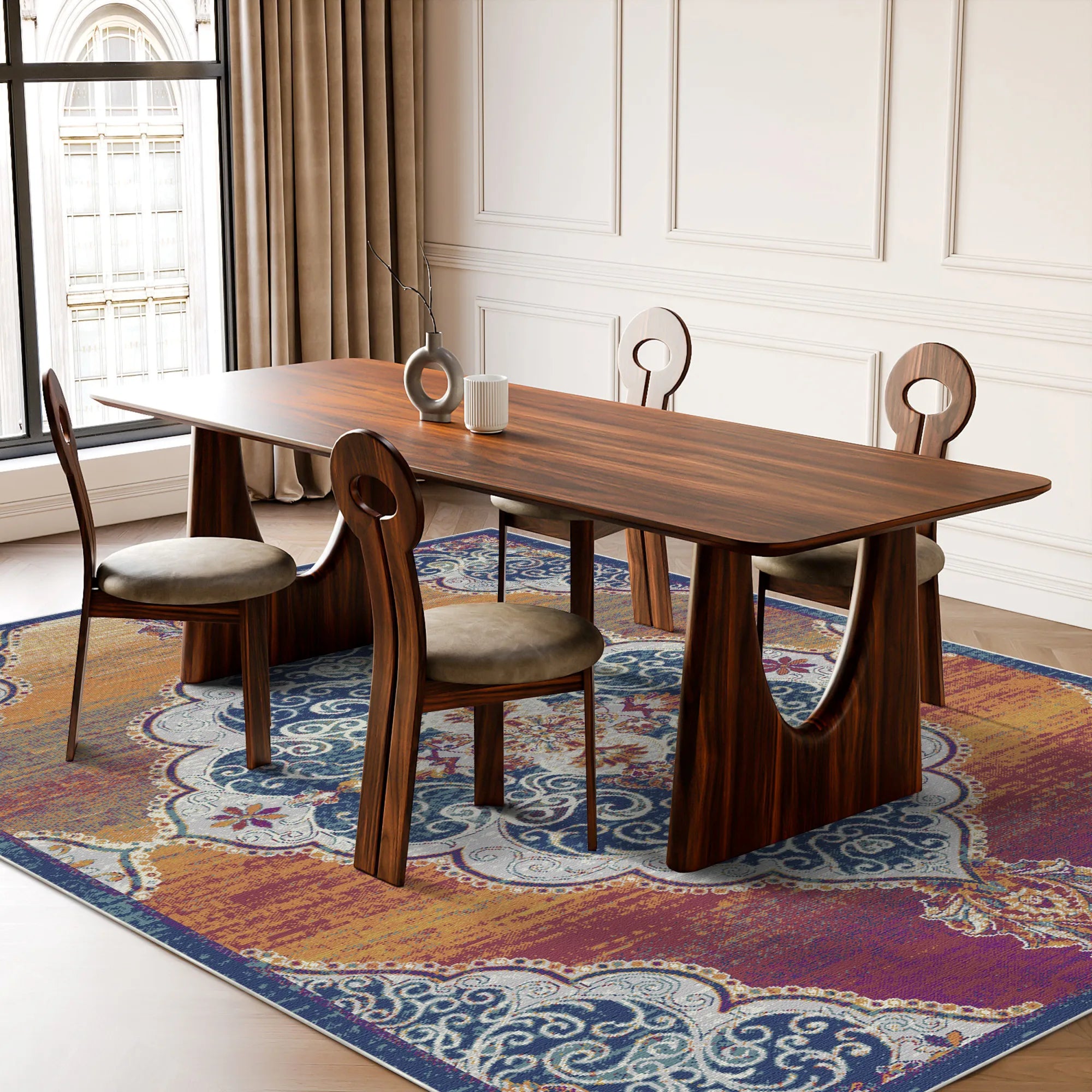 Sunset Scrollwork Medallion Washable Rug