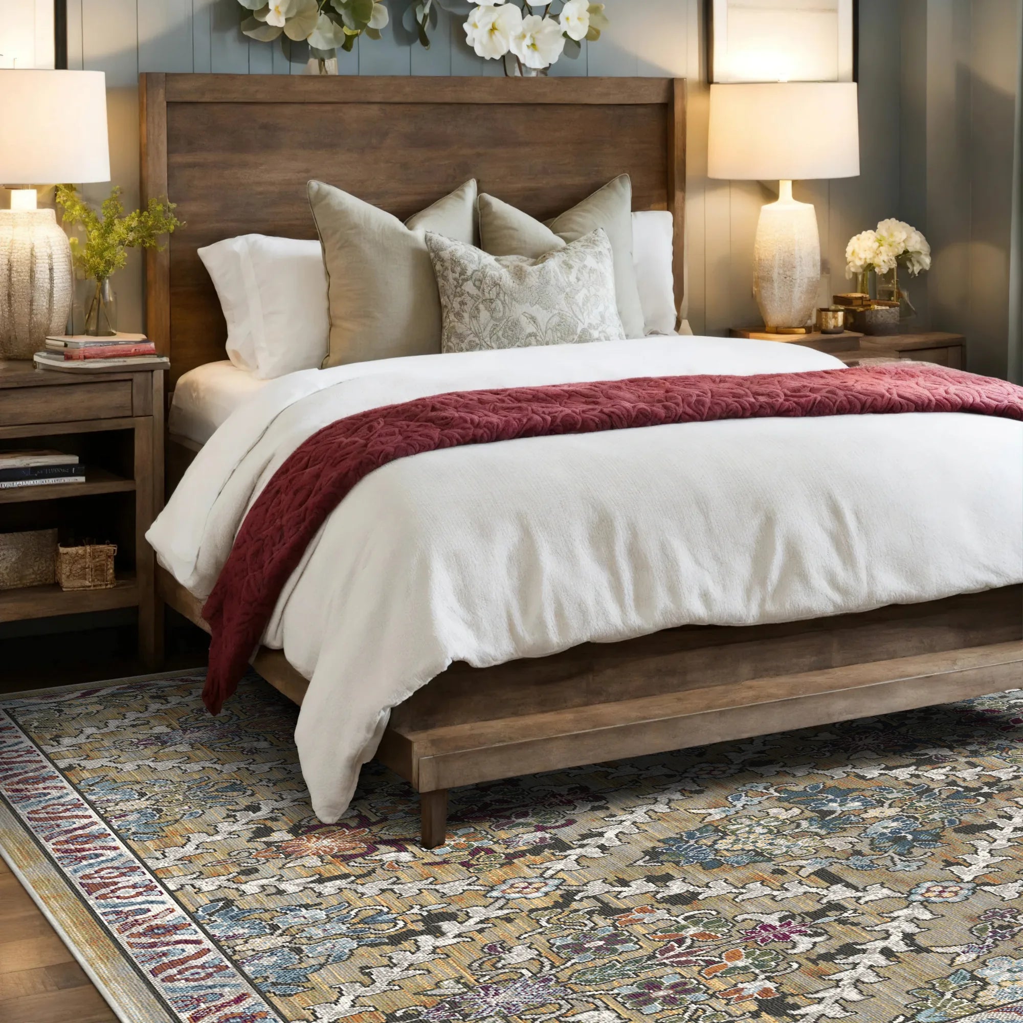 Azure Lattice Erased Botanical Rug