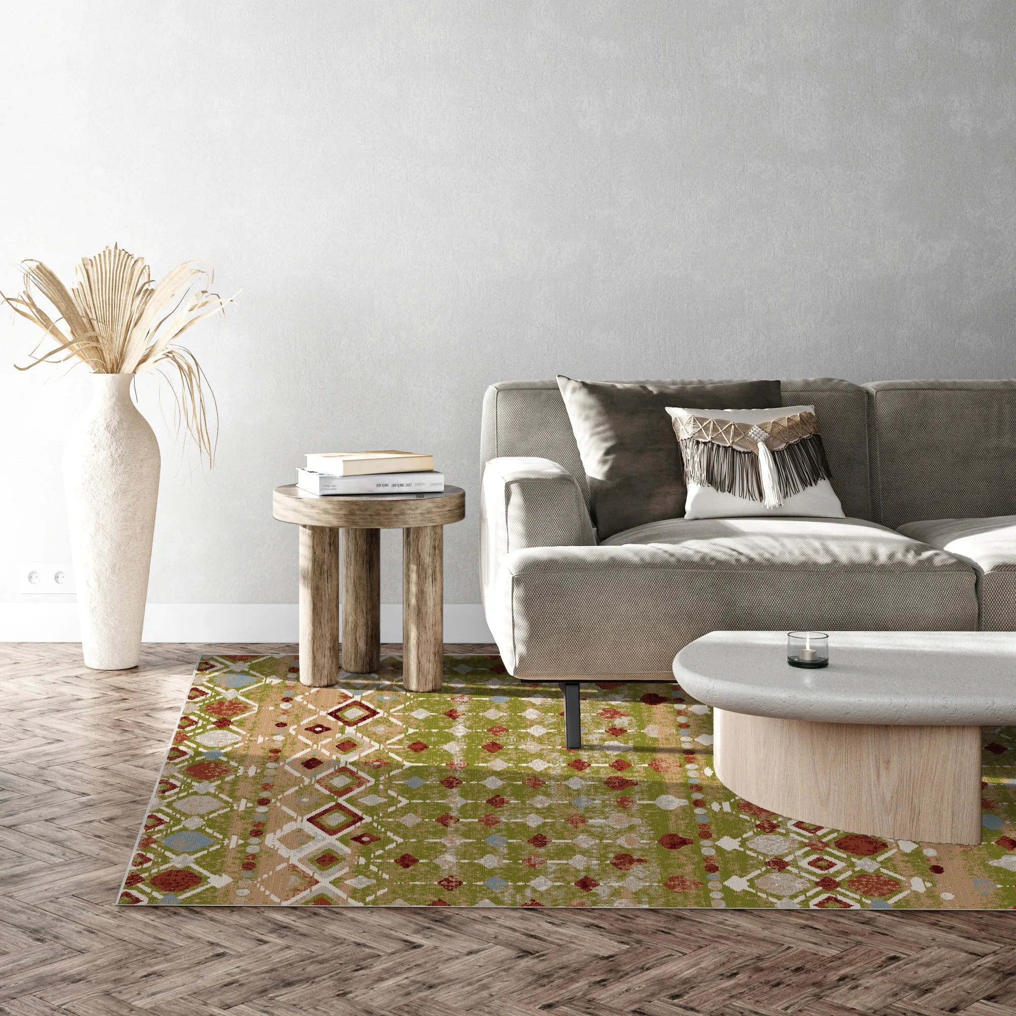 Tucson Olive Tribal Geometric Washable Rug