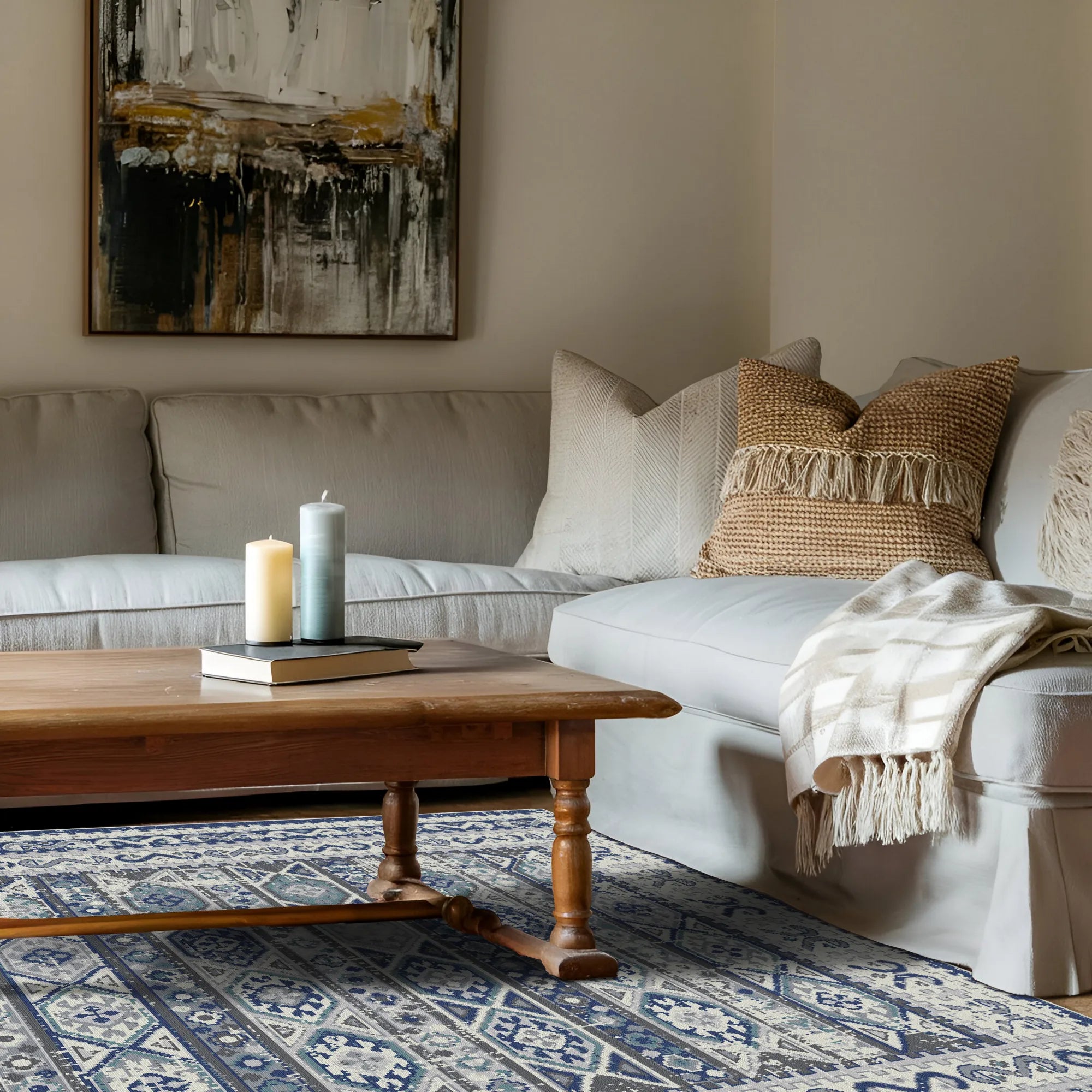 Baltic Blue Folklore Medallion Washable Rug