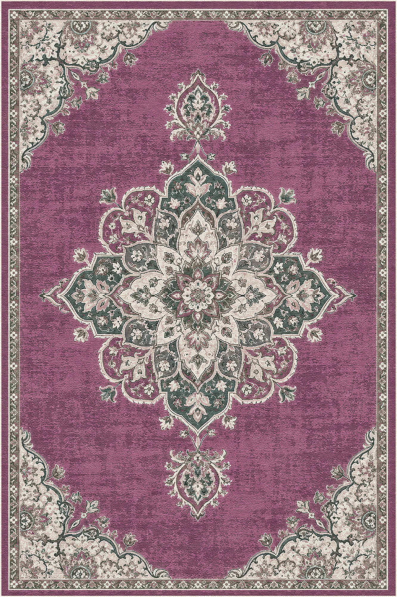 tappeto con sfondo prugna e motivo a medaglione floreale intricato in blu, beige e verde