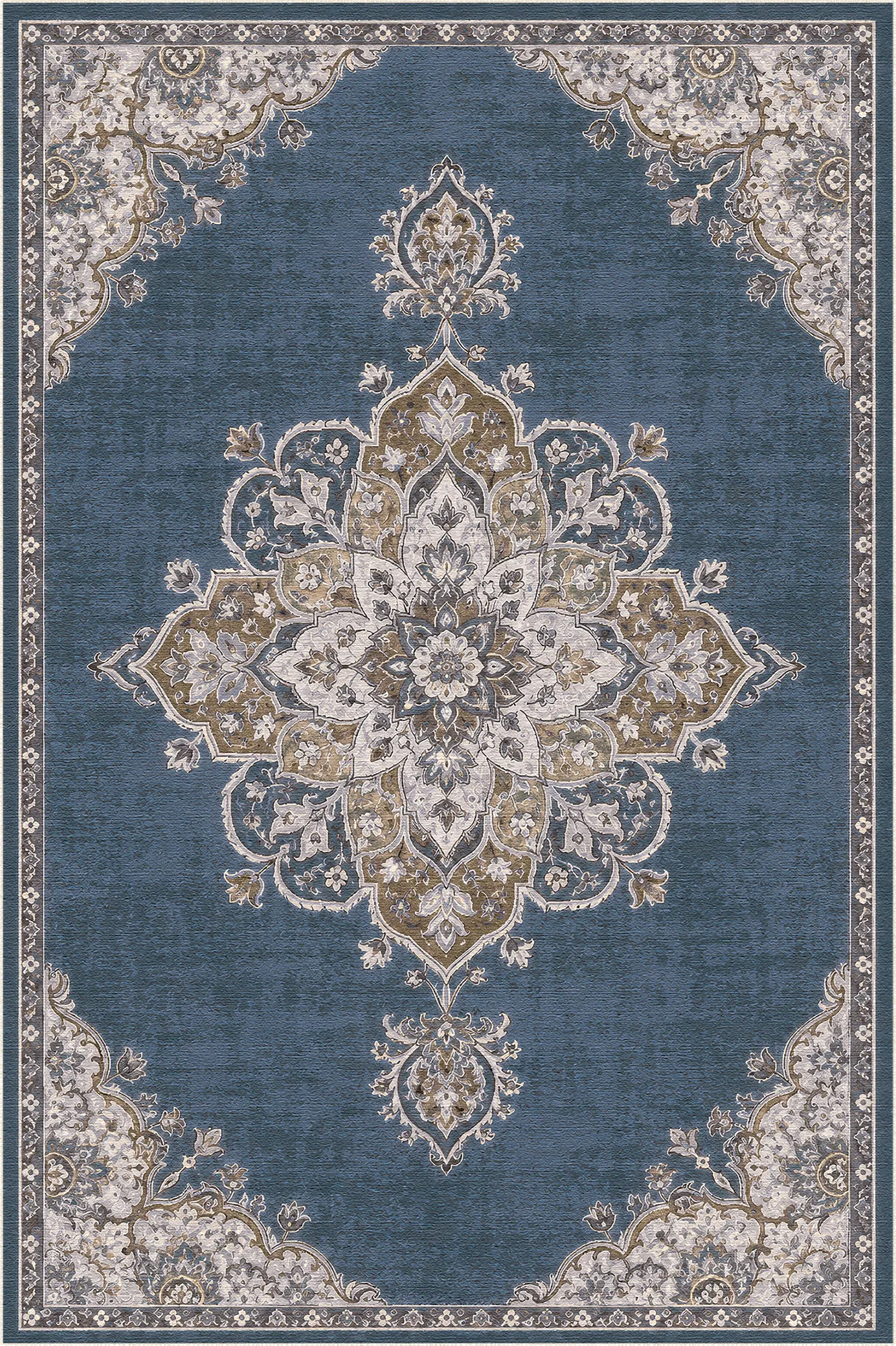 tappeto con sfondo blu ardesia e motivo a medaglione floreale intricato in tonalità beige e ruggine