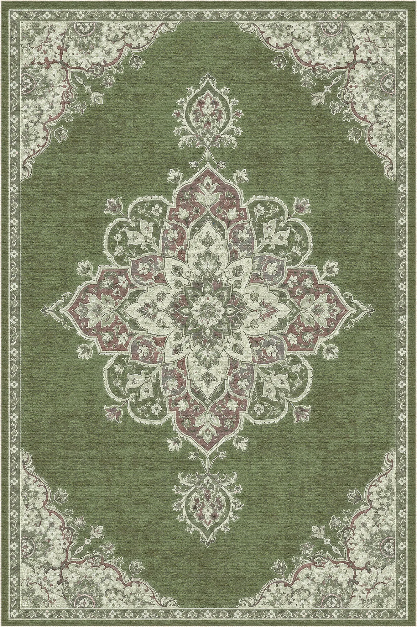 tappeto con sfondo verde salvia e motivo a medaglione floreale intricato in crema e colori tenui