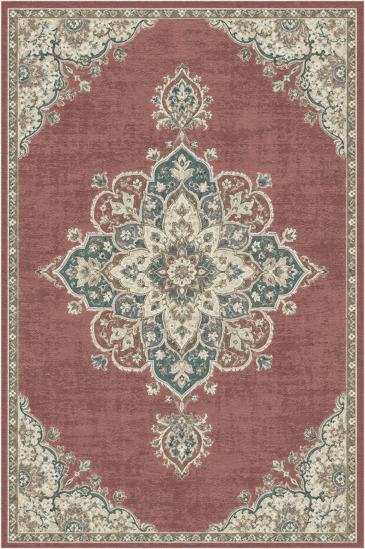 tappeto con sfondo rosa e motivo a medaglione floreale intricato in tonalità di blu e beige