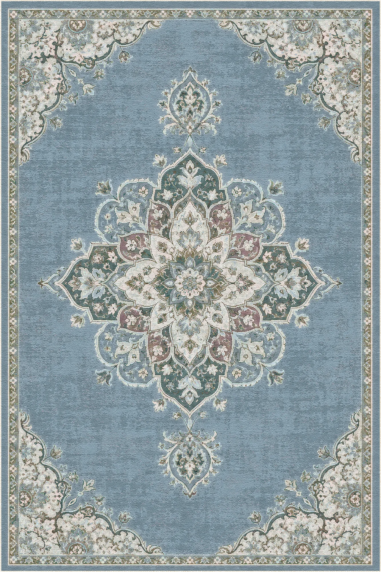 tappeto blu con grande medaglione floreale e motivo di bordo intricato