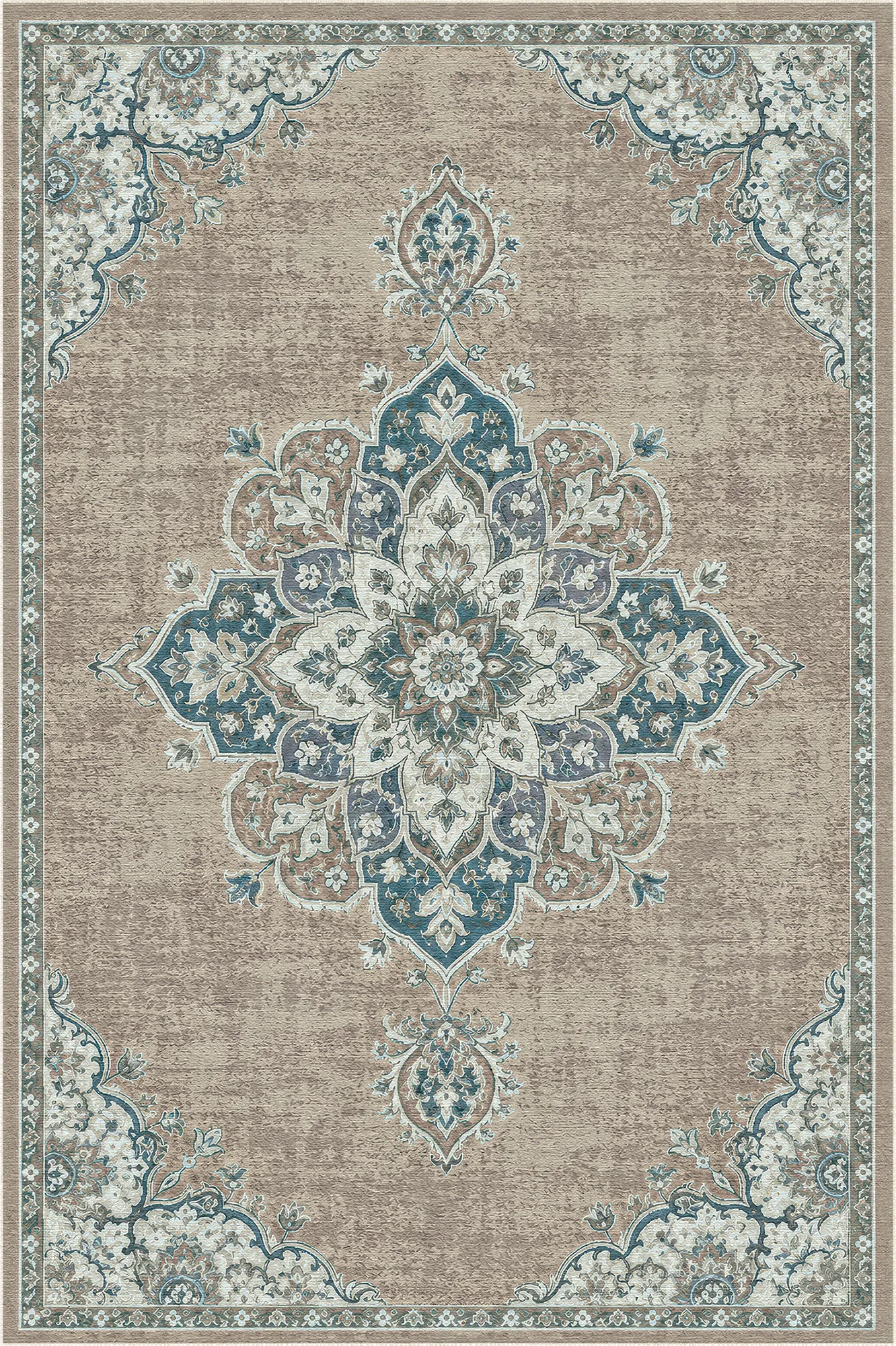 tappeto beige con medaglione floreale blu e ruggine e motivo a bordo