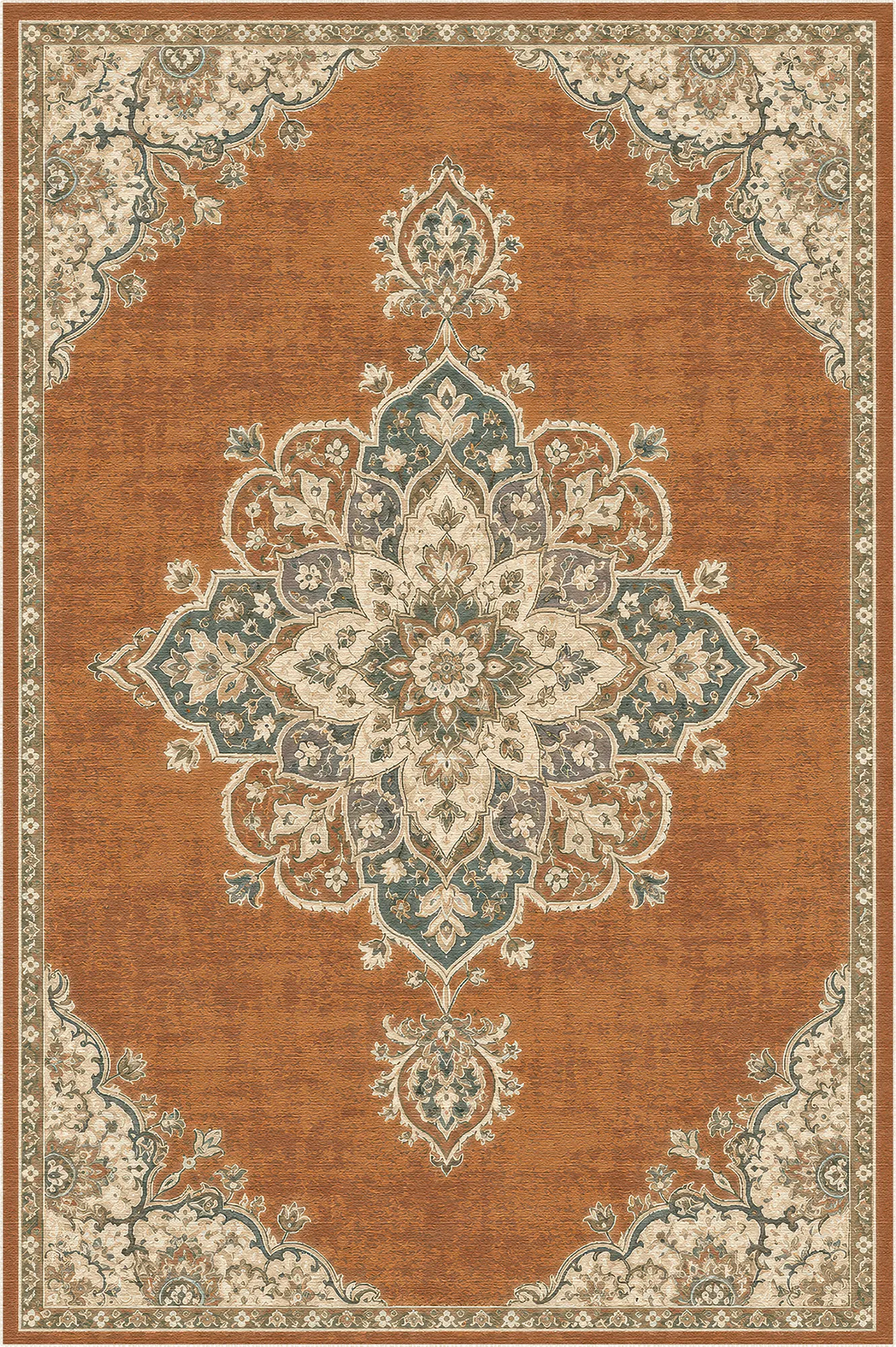 tappeto con sfondo terracotta e motivo a medaglione floreale intricato in beige, blu e verde