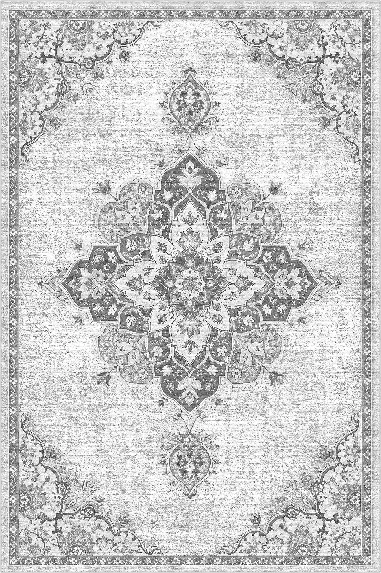 tappeto bianco con medaglione floreale tradizionale nero e motivo a bordo