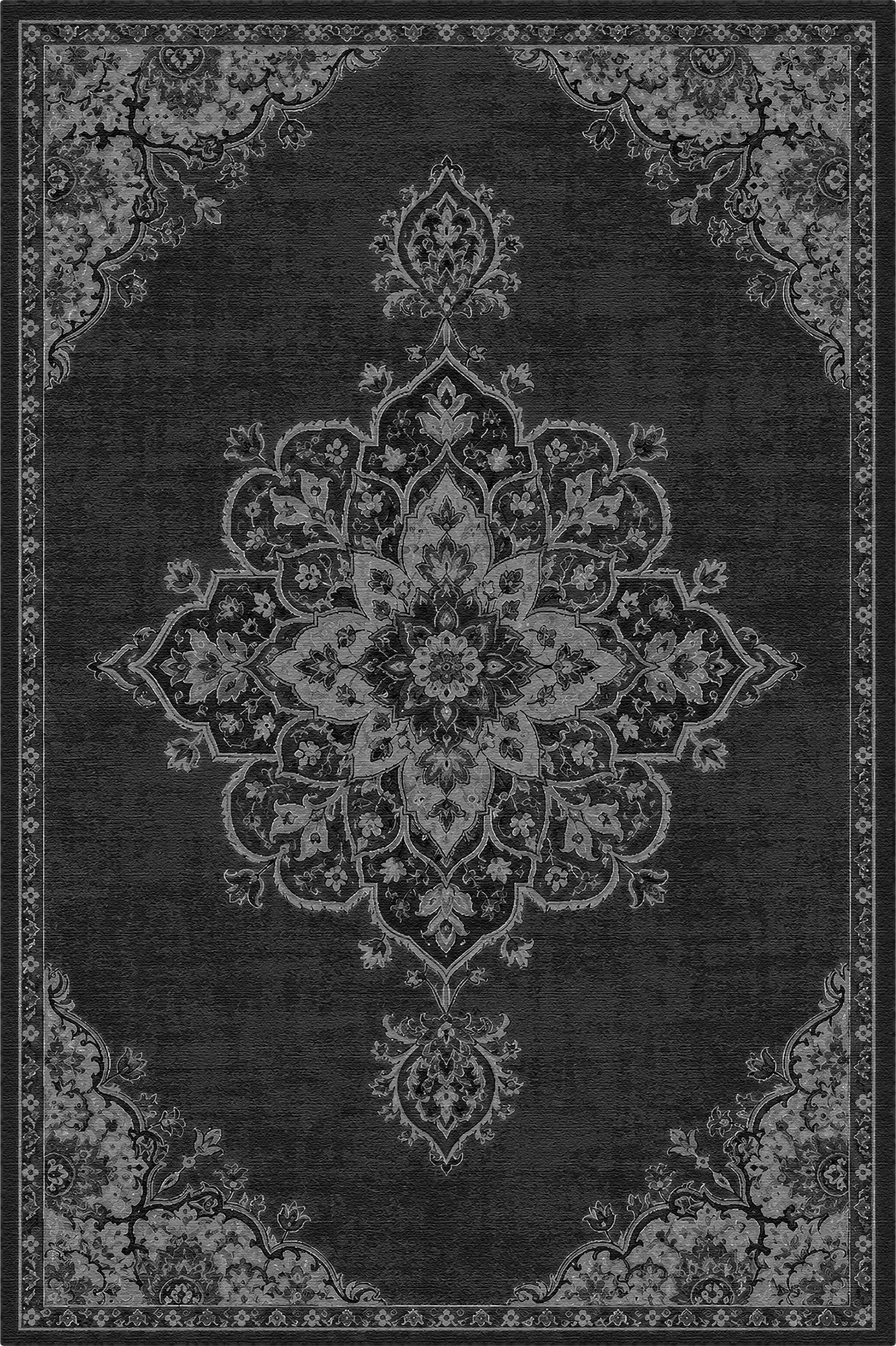tappeto nero con medaglione floreale scuro e motivo a bordo