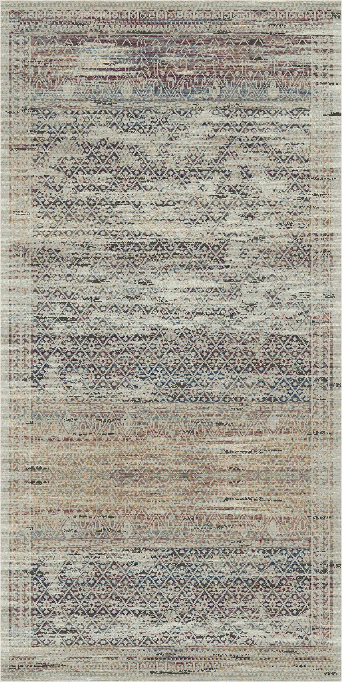 Un tappeto rettangolare con un motivo geometrico dall’aspetto vintage e vissuto, nei toni tenui del beige, del blu, del grigio e del marrone.