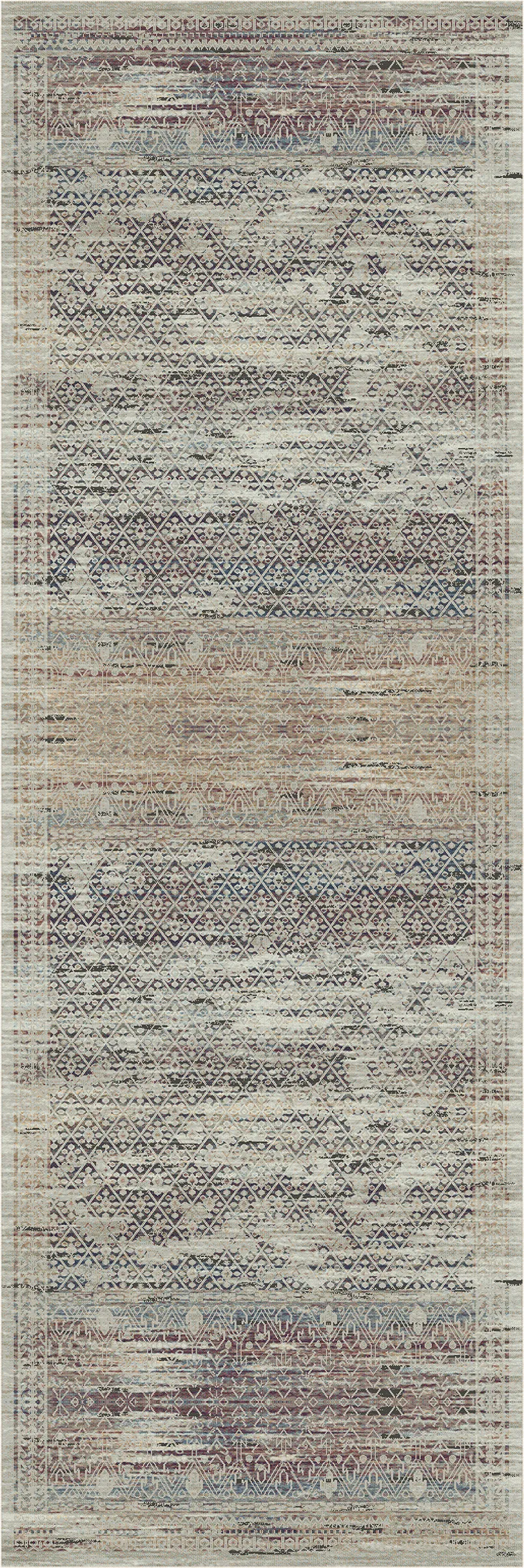 Un tappeto rettangolare con un motivo dall’aspetto vintage e vissuto, in tonalità tenui di beige, grigio, blu e marrone.