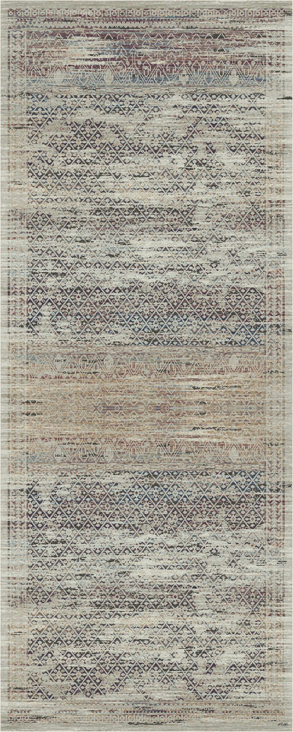 Un tappeto rettangolare per interni con un motivo astratto dall'aspetto vissuto, nei toni tenui del beige, grigio, blu e marrone.