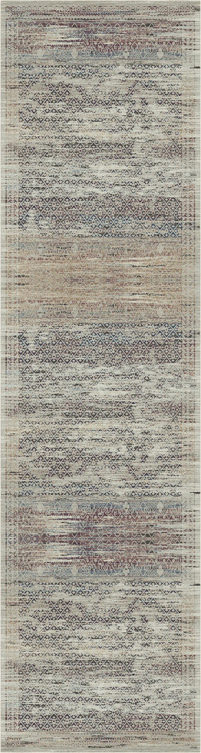 Un tappeto rettangolare per interni con un motivo materico dall'aspetto vissuto, in tonalità tenui di beige, grigio, blu e marrone.
