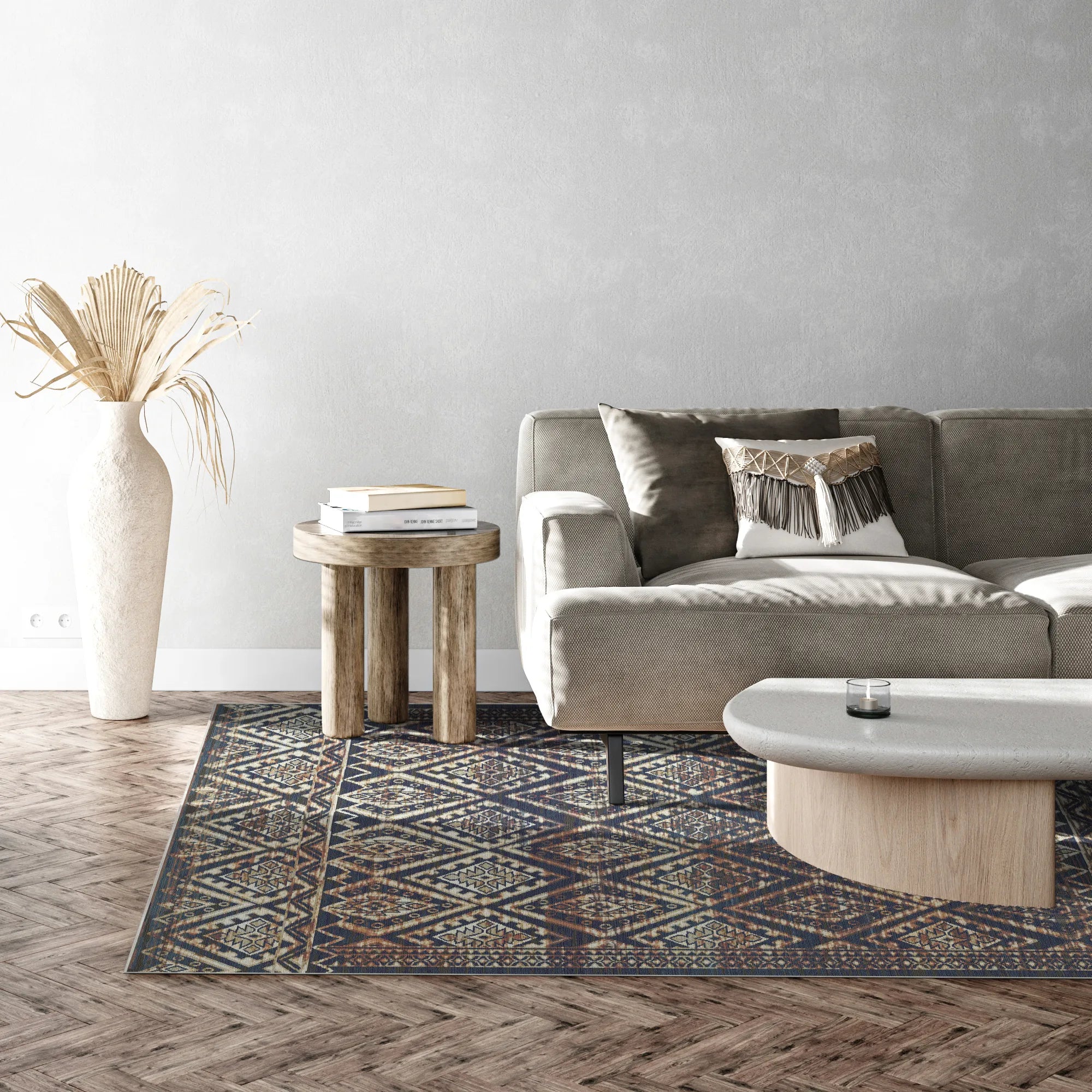 Ravello Navy Distressed Diamond Washable Rug