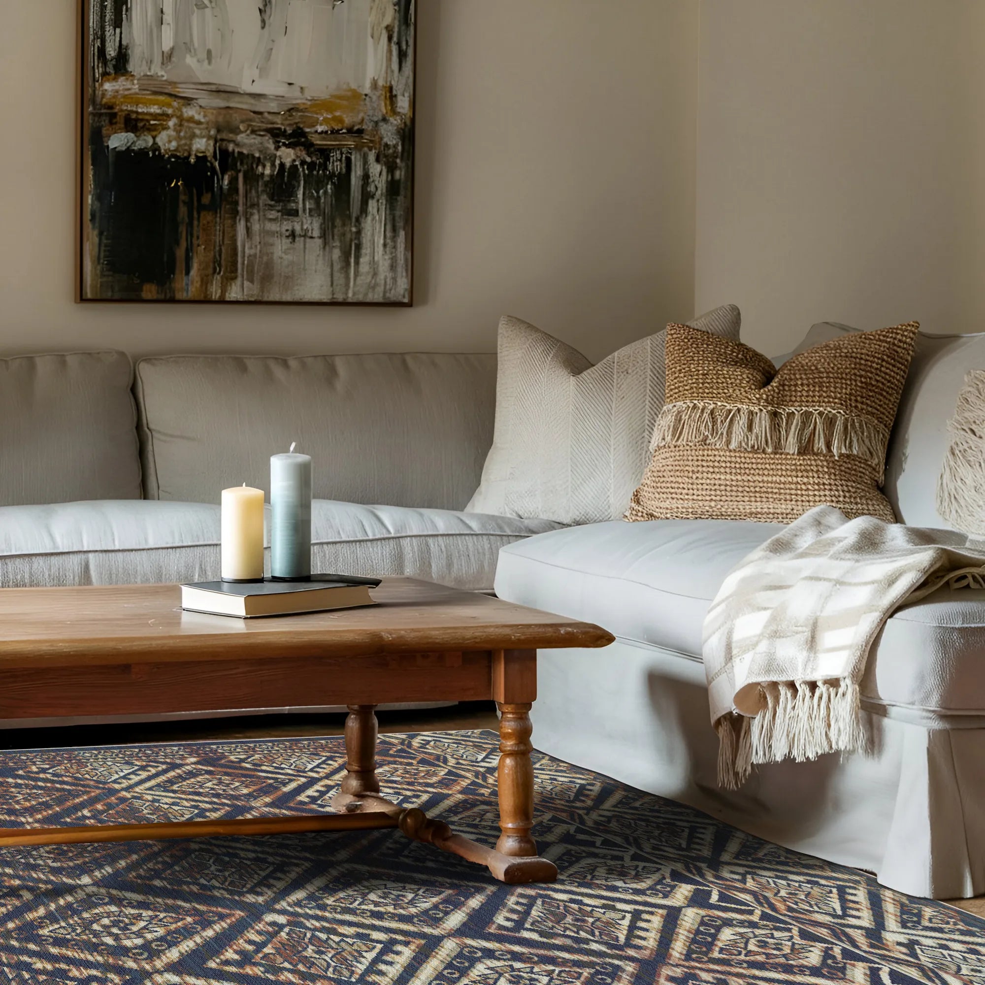 Ravello Navy Distressed Diamond Washable Rug