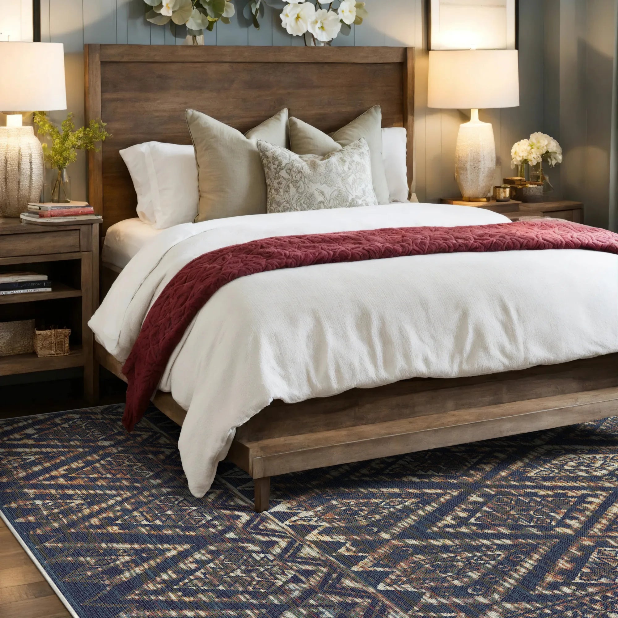 Ravello Navy Distressed Diamond Washable Rug