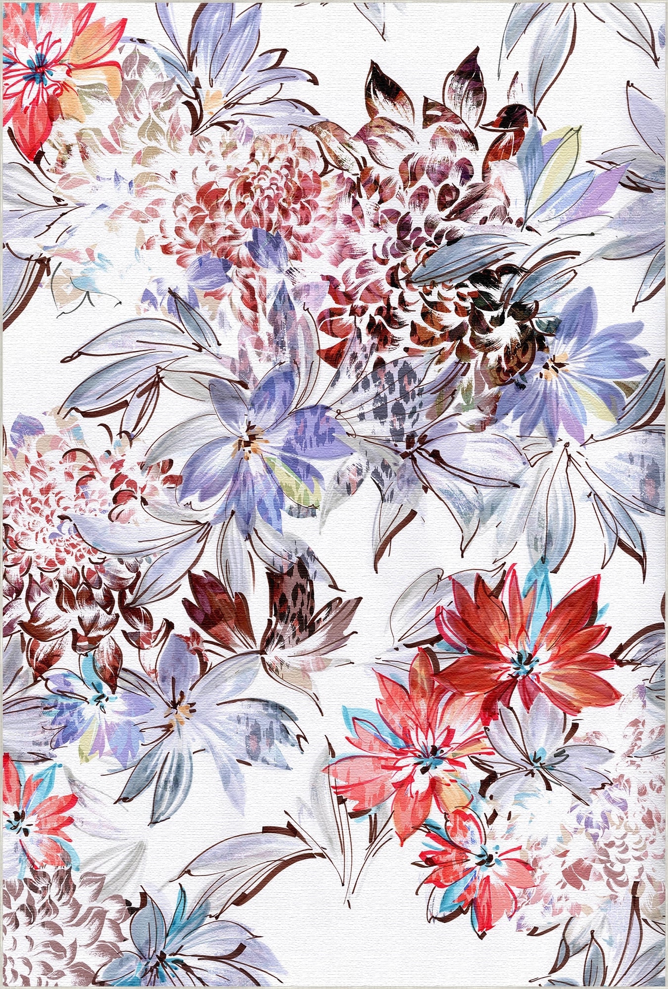 Colorful floral pattern on a white rug