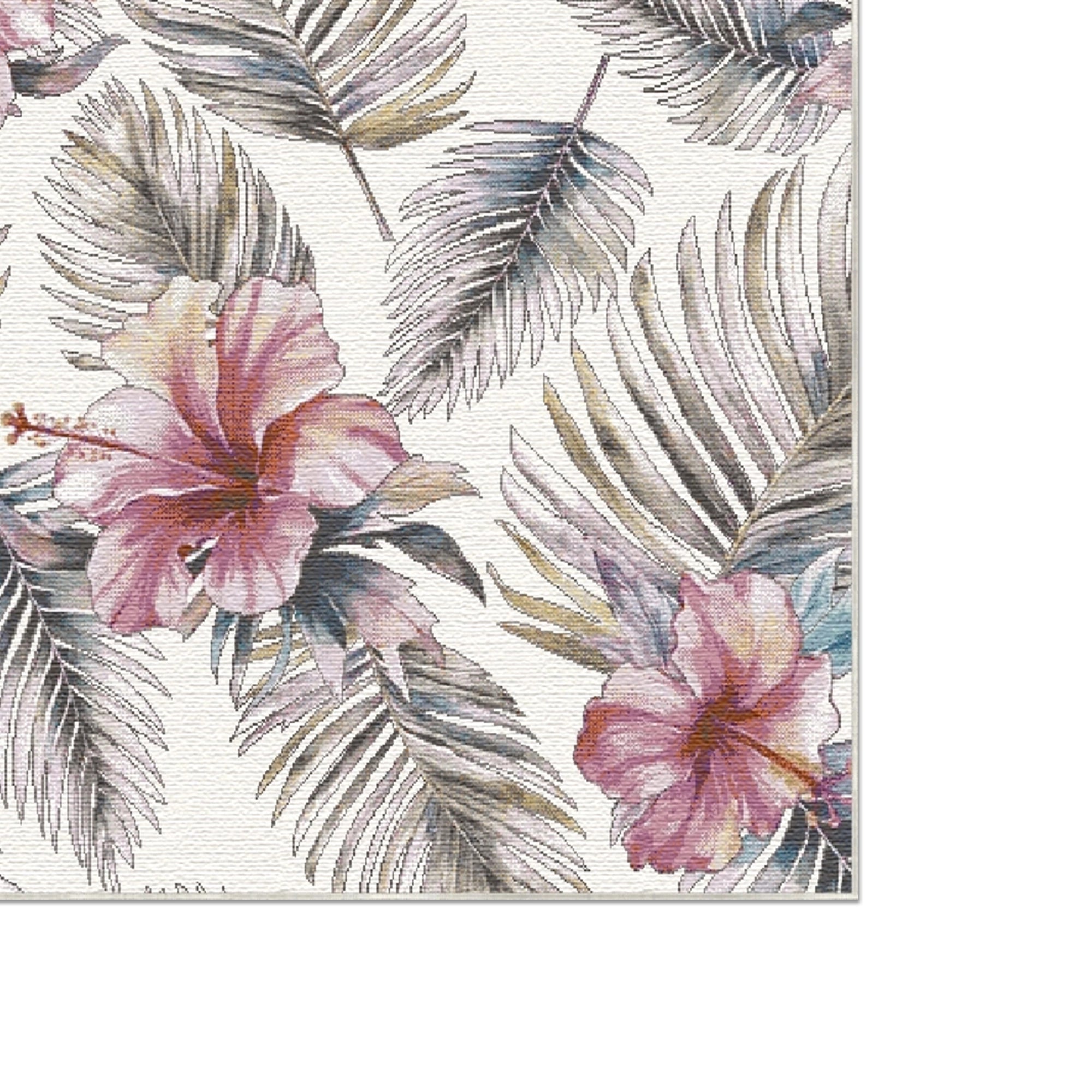 White Tropical Hibiscus and Palm Leaf Rug