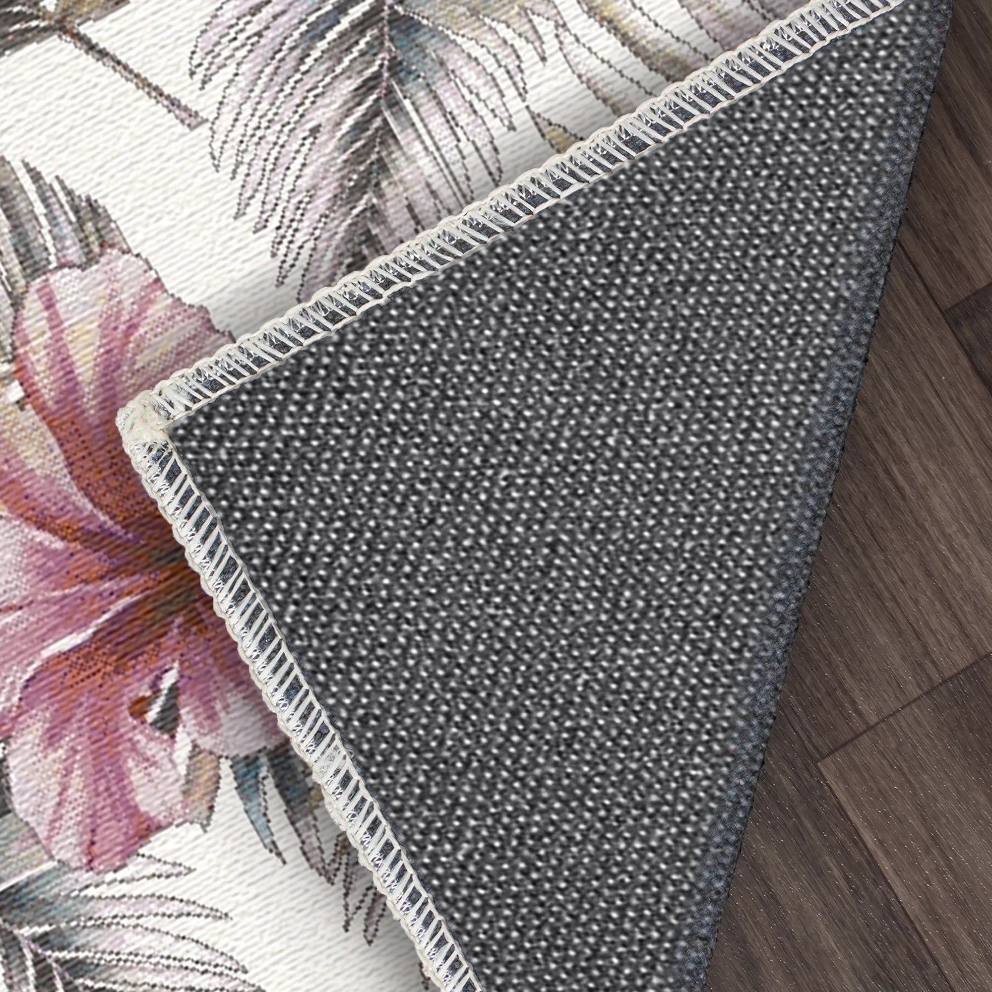 White Tropical Hibiscus and Palm Leaf Rug